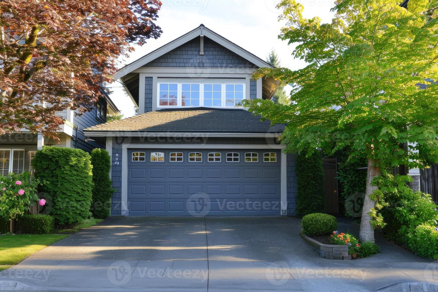 AI generated Garage door with a driveway in front. photo