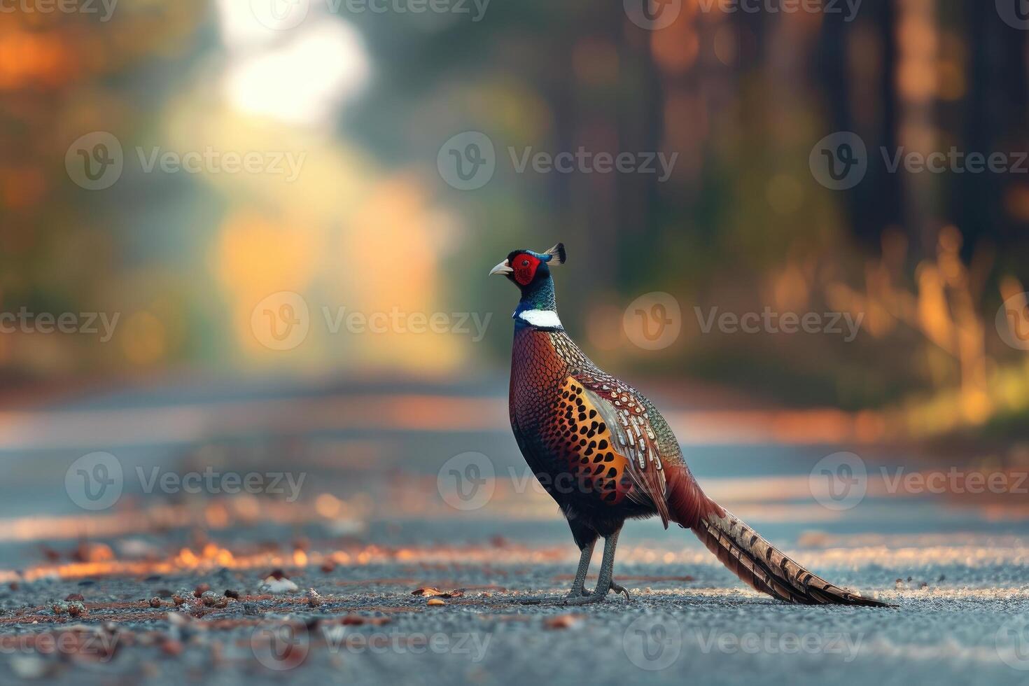 AI generated Pheasant standing on the road near forest at early morning or evening time. Road hazards, wildlife and transport. photo
