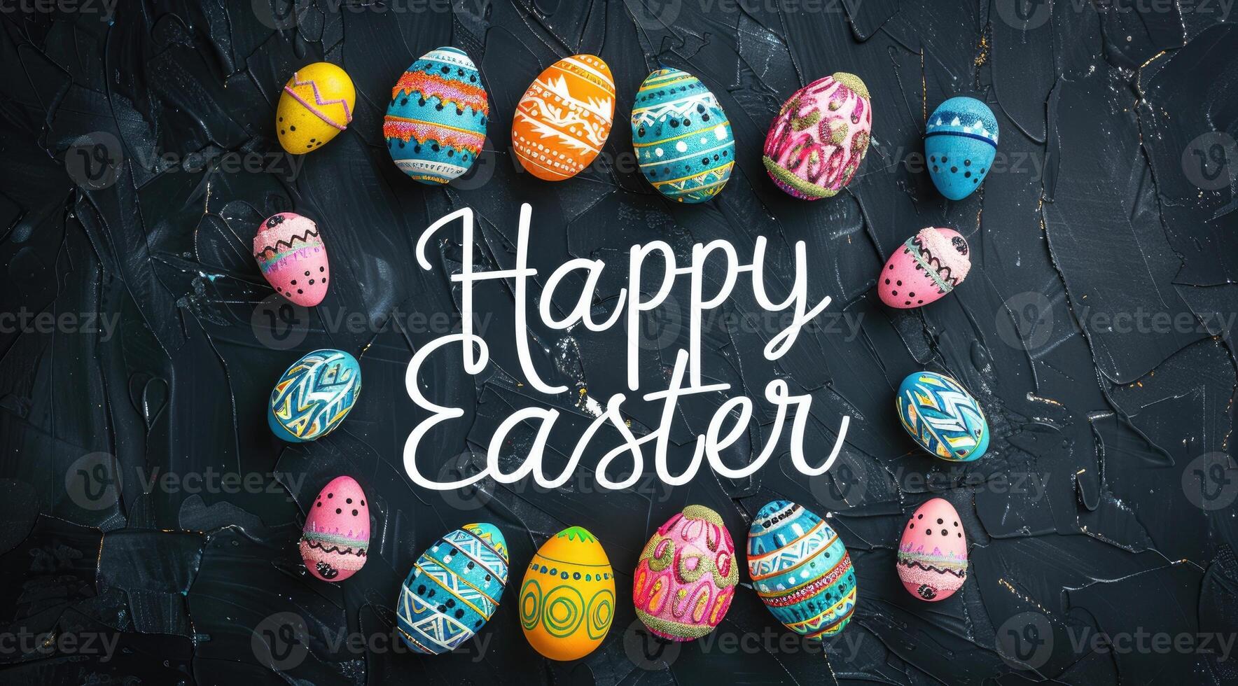 AI generated Happy Easter text with beautiful colorful eggs. photo