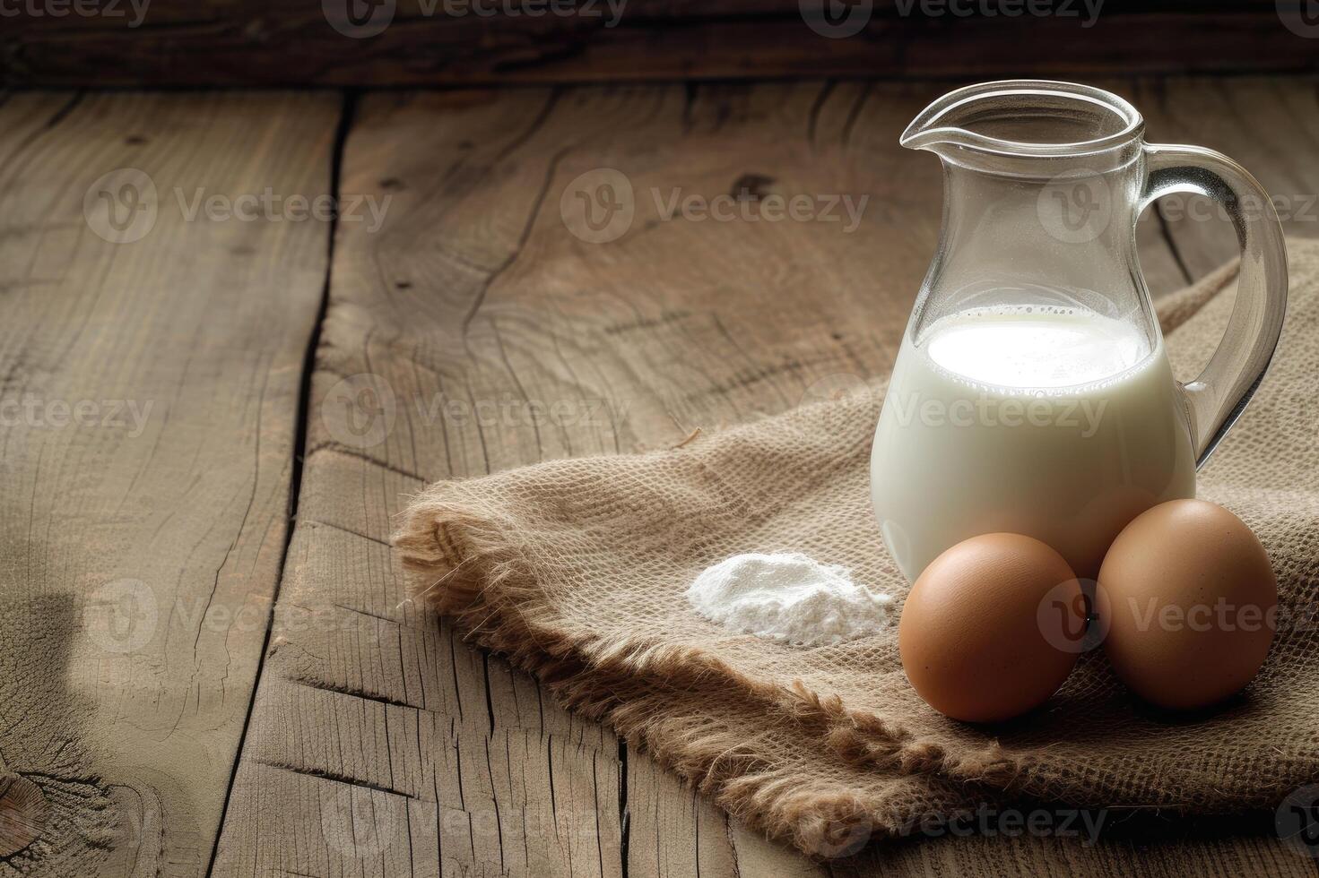 AI generated Glass jug of milk and egg on wooden table. photo