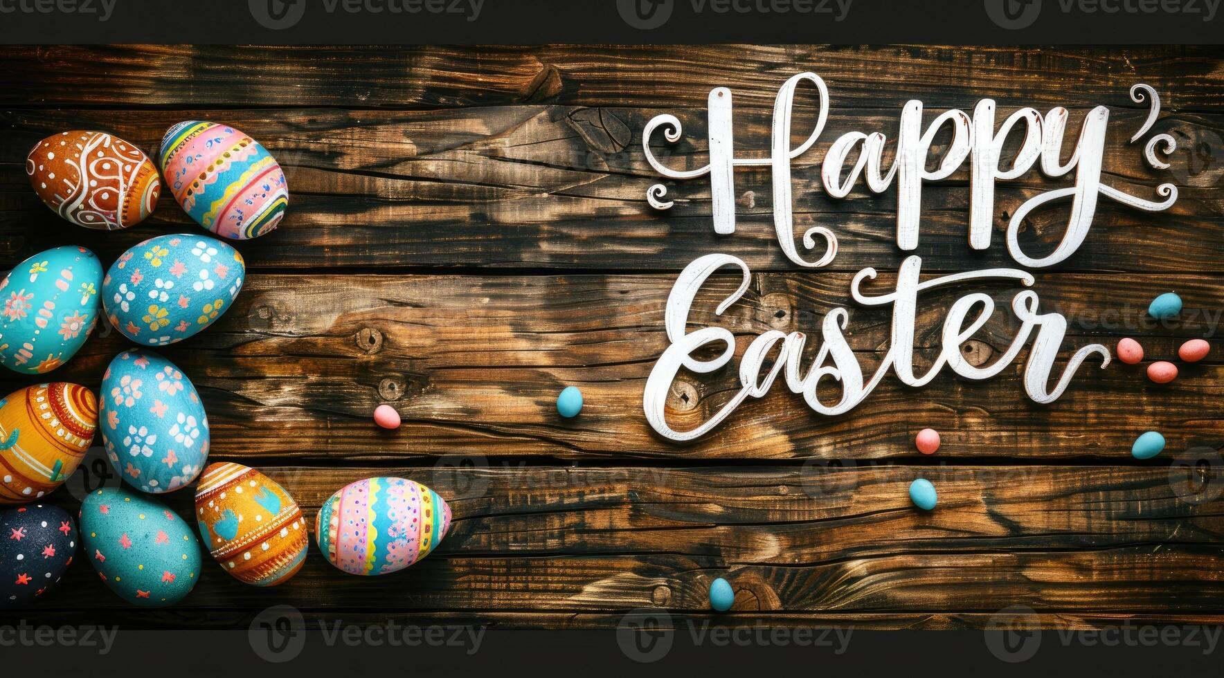 AI generated Happy Easter text with beautiful colorful eggs over rustic wood. photo