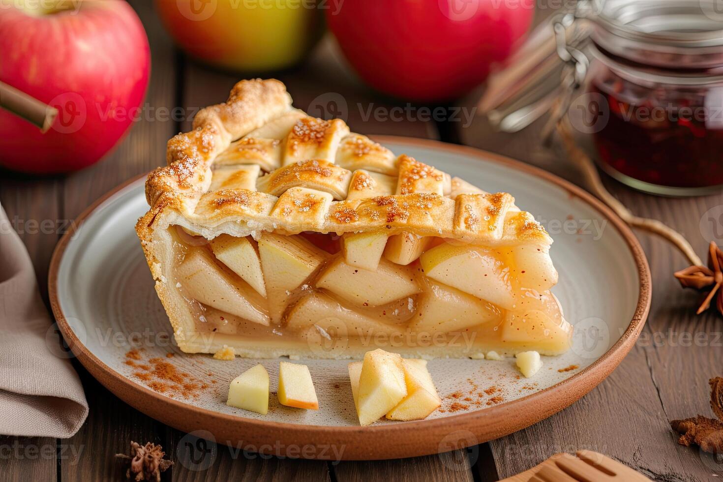 AI generated Plate with a slice of baked apple pie. photo