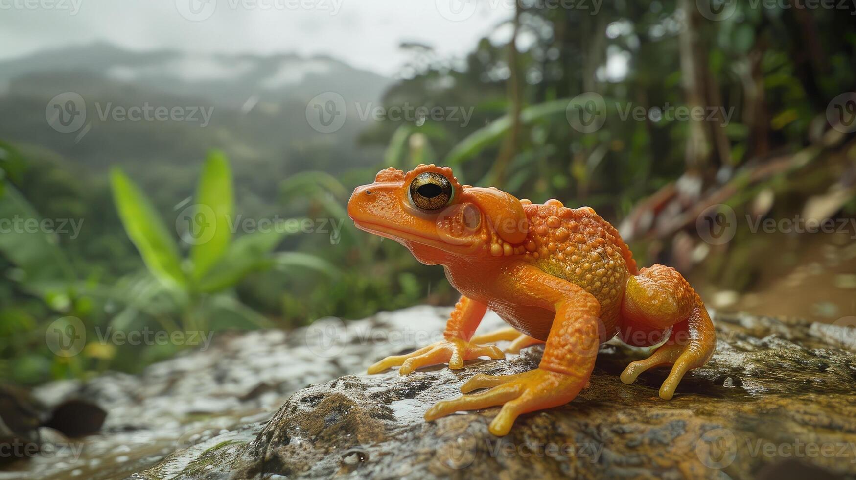 AI generated Frog at the nature pool in green tropical forest showing abundant nature photo