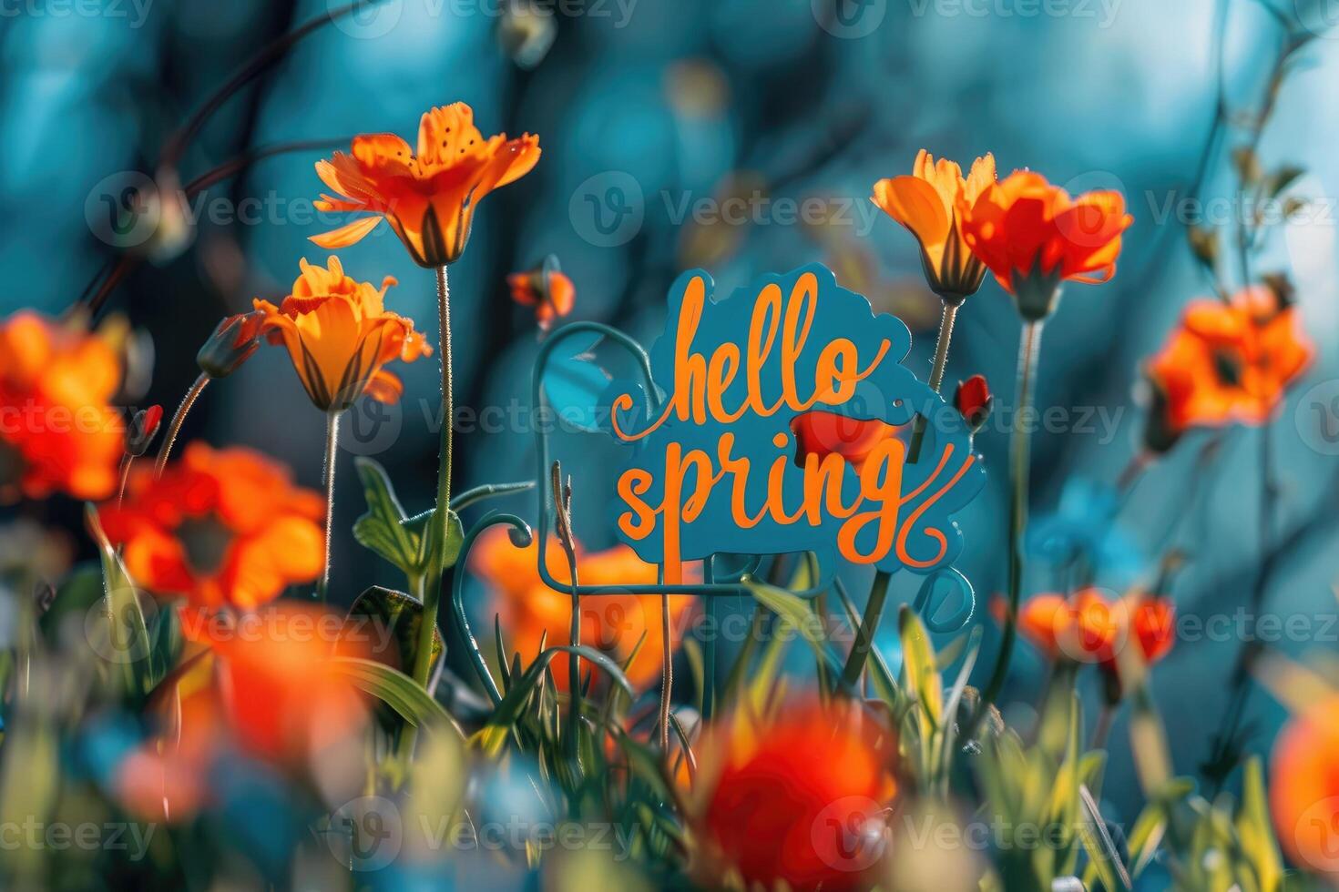 AI generated Our 'Hello Spring' inscription set against a backdrop of vibrant flowers captures the essence of the season. photo