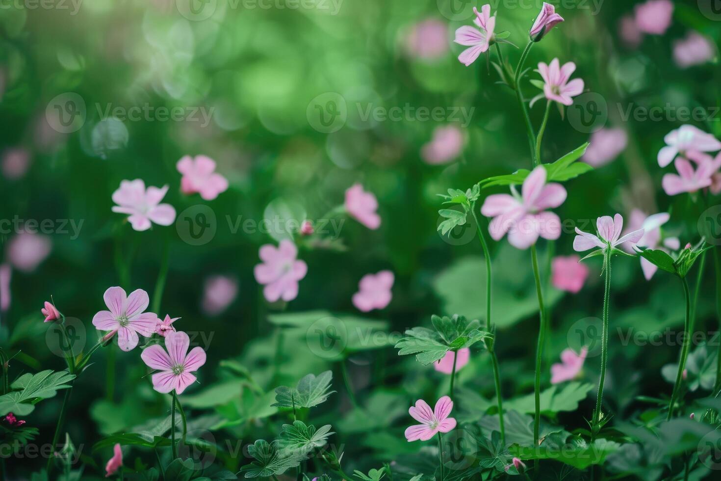 AI generated Pink flowers among the greenery in the park. photo