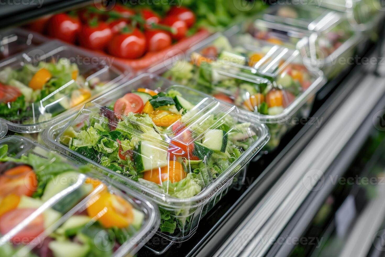 ai generado el plastico cajas con preenvasado vegetal ensaladas, poner arriba para rebaja en un comercial refrigerador foto