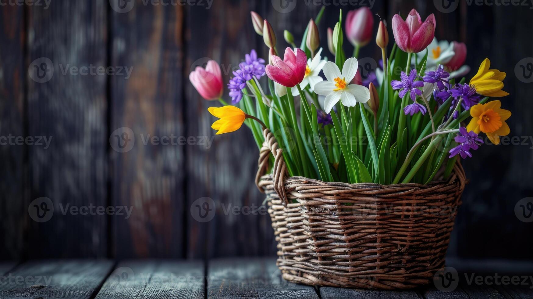 AI generated Spring flowers in basket on dark wooden background. photo