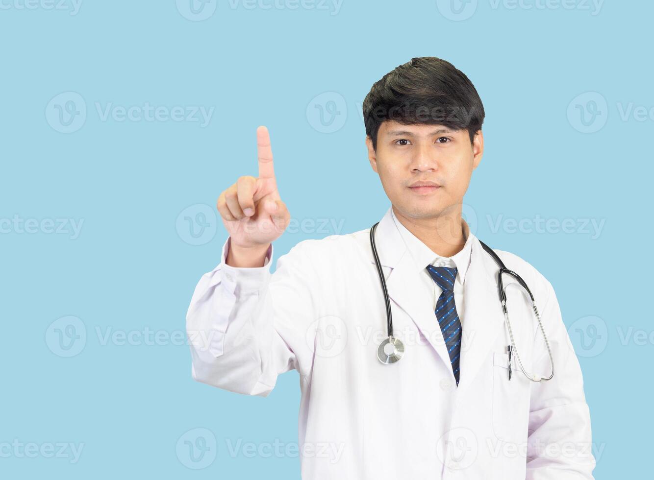 Asian man student scientist or doctor in reagent mixing laboratory In a science research laboratory with test tubes of various sizes. on the floor in  laboratory chemistry lab blue background. photo