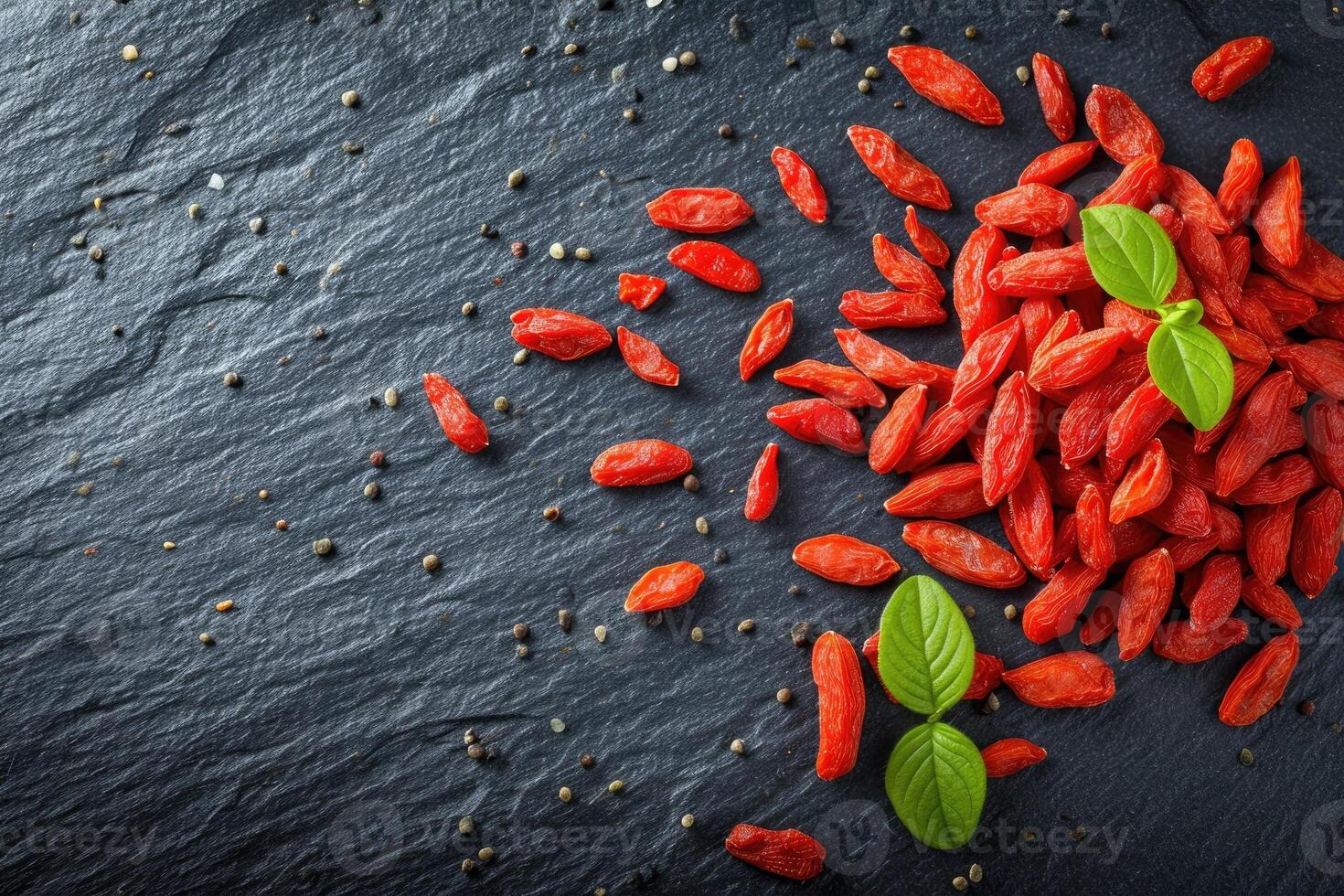 AI generated Fresh Goji berries on dark rough stone table. photo