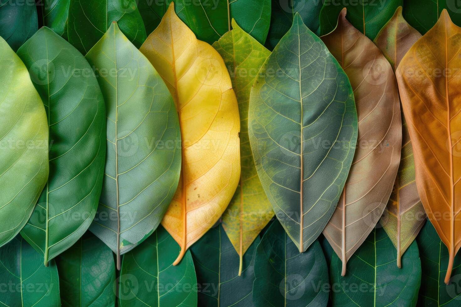 AI generated Closeup leaves in different color and age . Line of colorful leaves in spring autumn fall season. photo