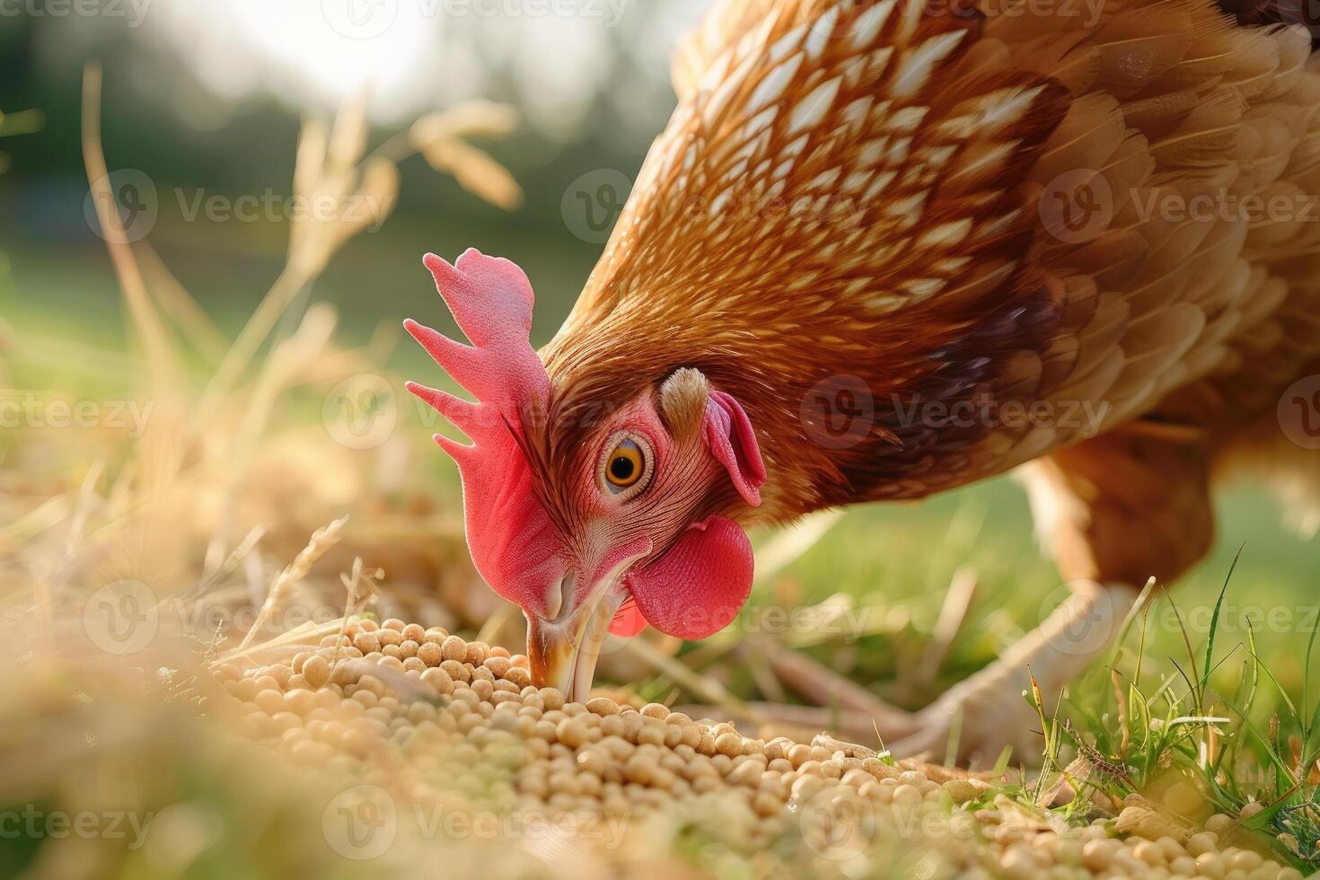 AI generated Chicken eats feed and grain at eco chicken farm, free range chicken farm. photo