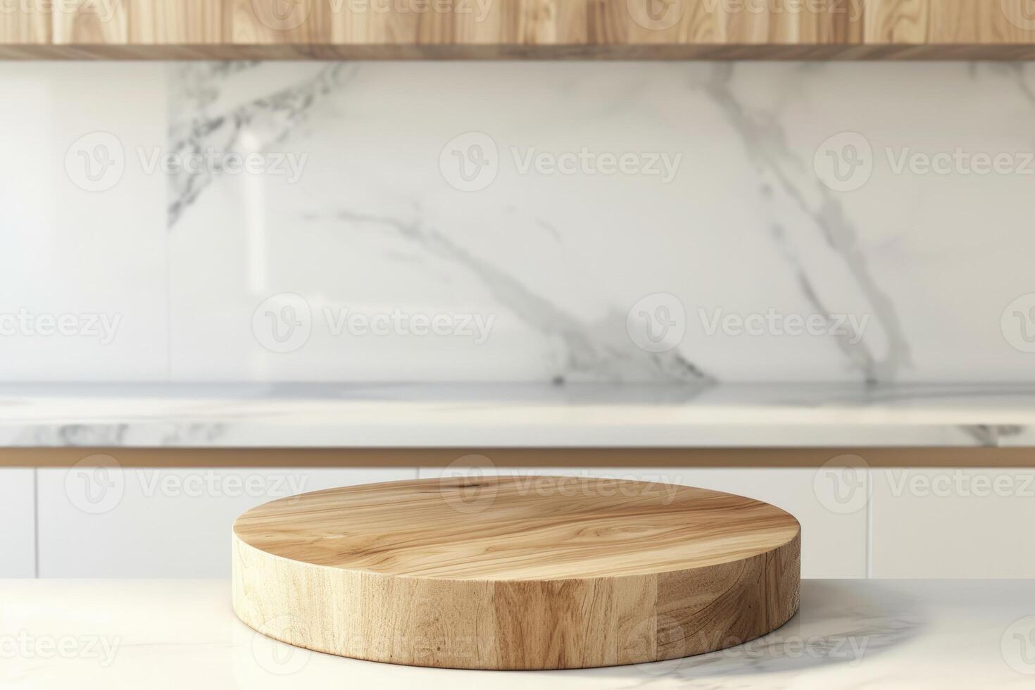 ai generado vacío podio mostrador madera antecedentes cocina tablero escritorio restaurante parte superior blanco ligero mármol presentación interior. foto