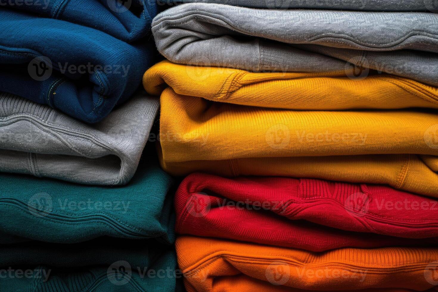 AI generated Pile of knitted sweaters as background, closeup view photo
