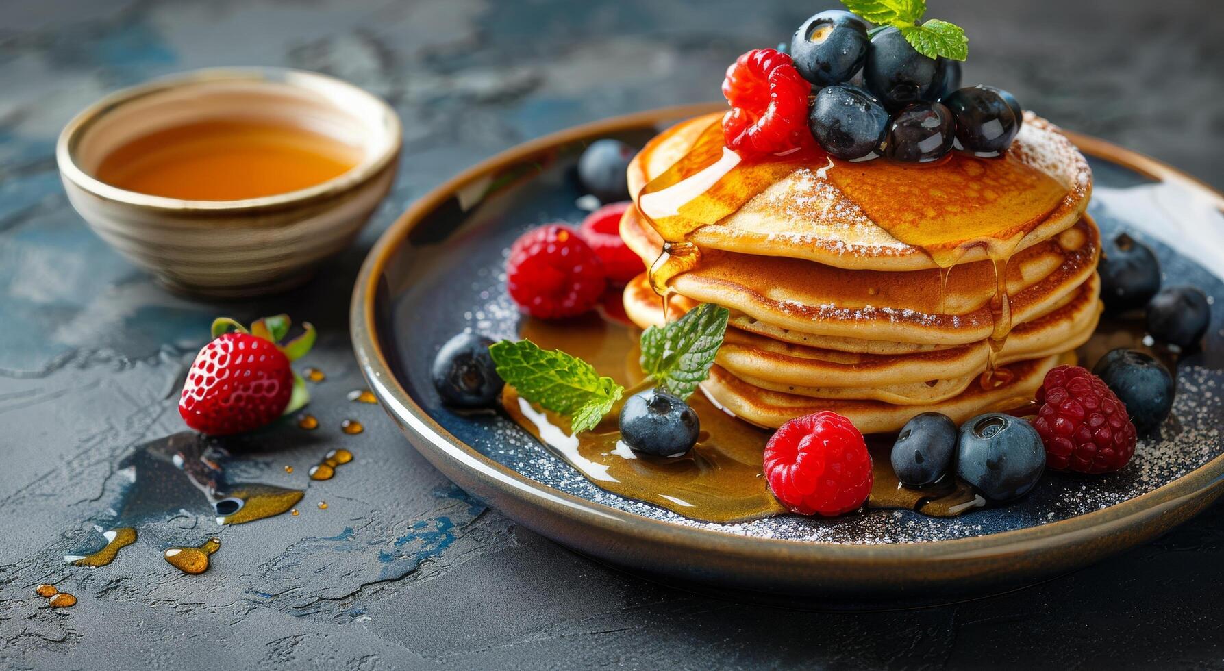 AI generated Stack of Pancakes With Berries and Syrup photo