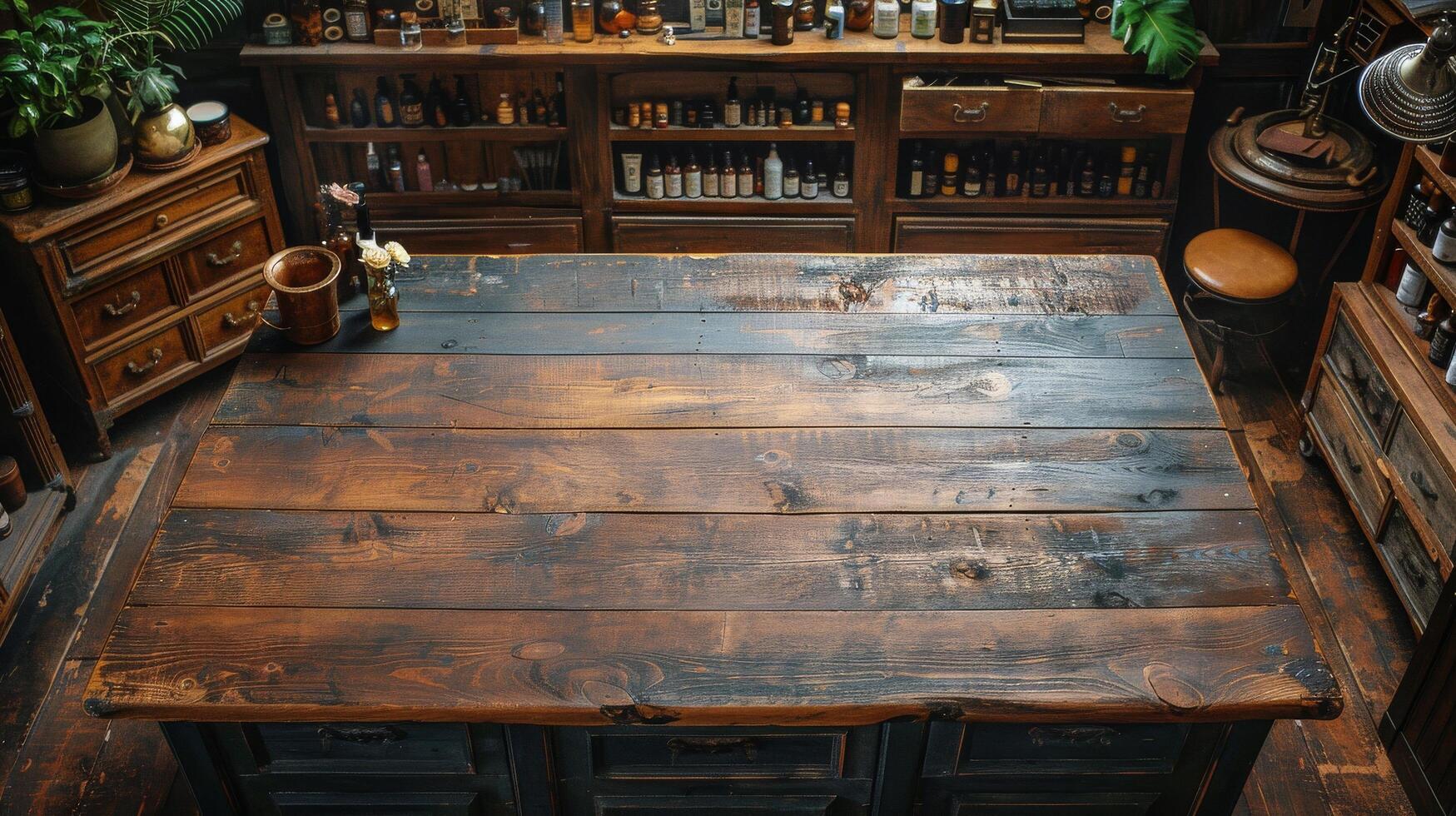 AI generated Wooden Table in Front of Shelf With Bottles photo