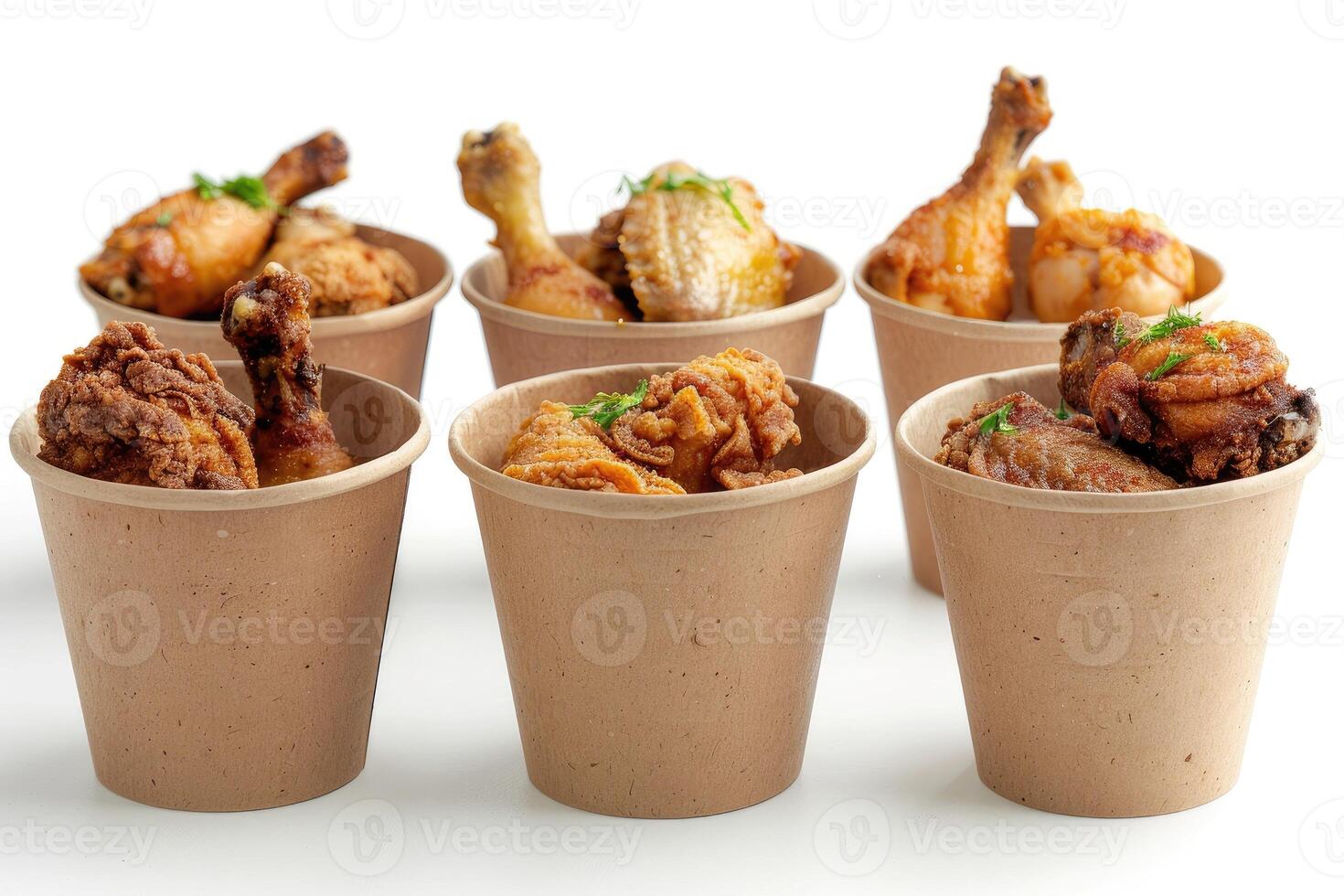 AI generated Collection of golden brown and crispy roasted Fried chicken served on a brown paper bucket isoalted on white background. photo