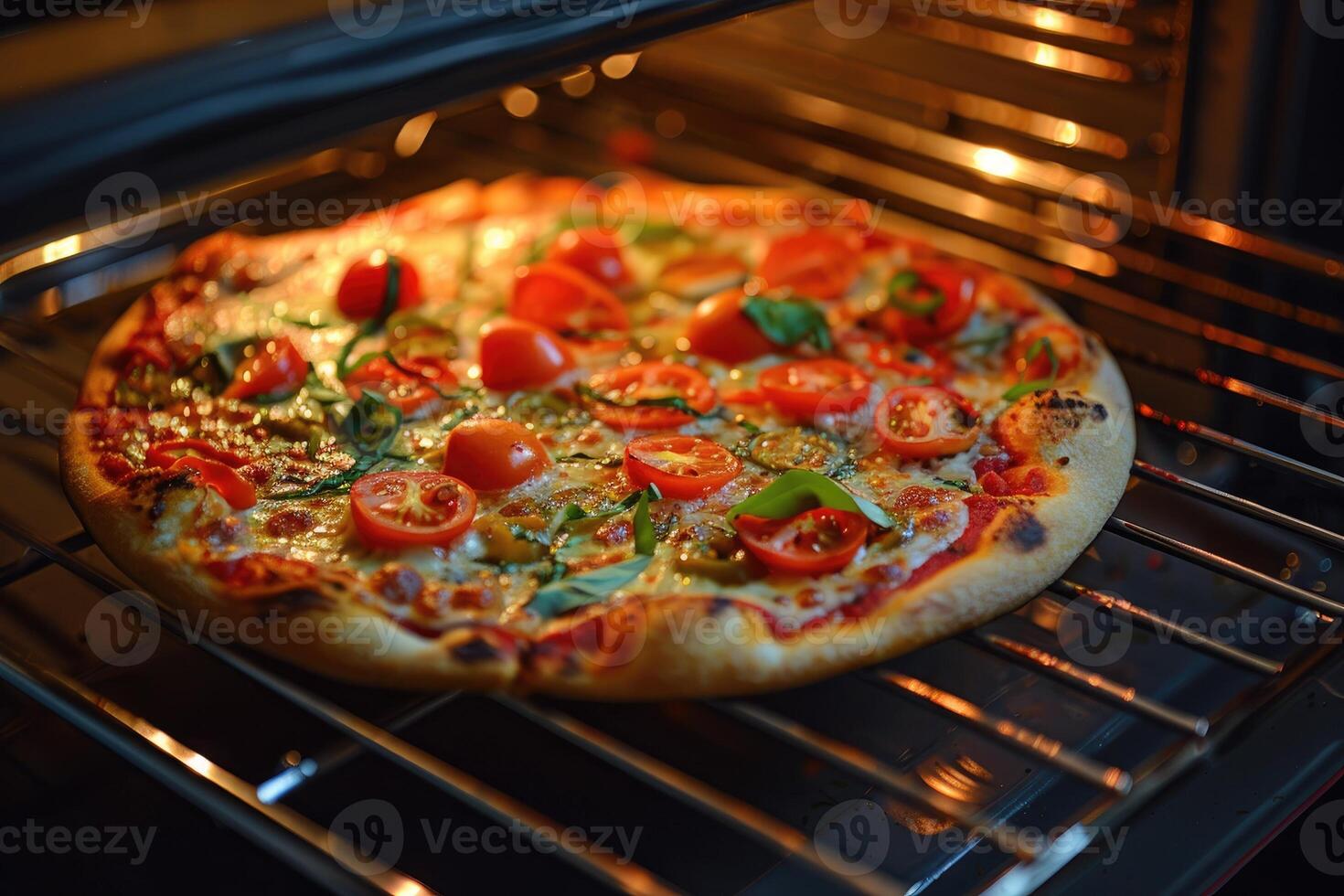AI generated Tasty homemade pizza cooking in an oven at home. photo