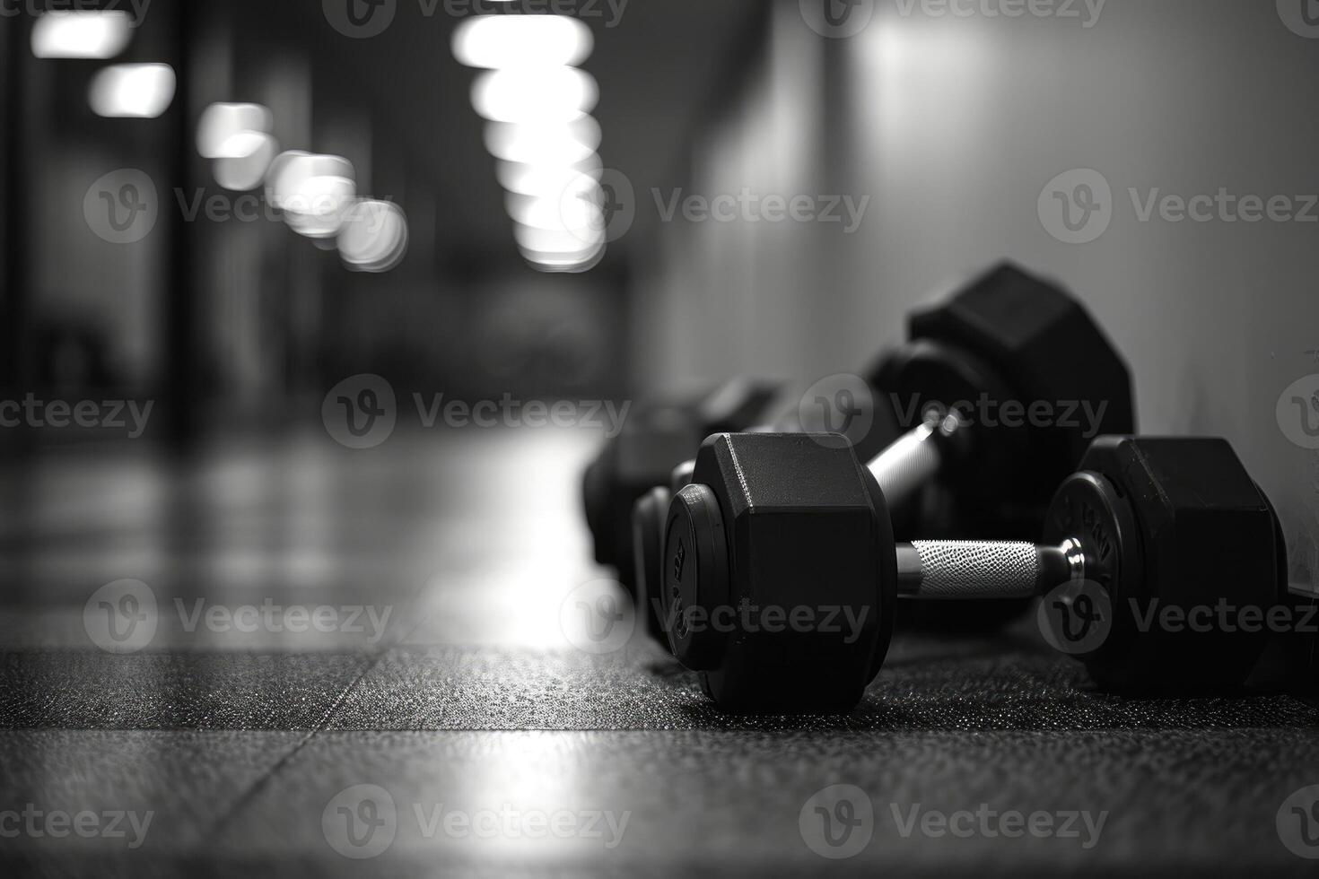 AI generated Metal dumbbells on the floor in concept fitness room. photo