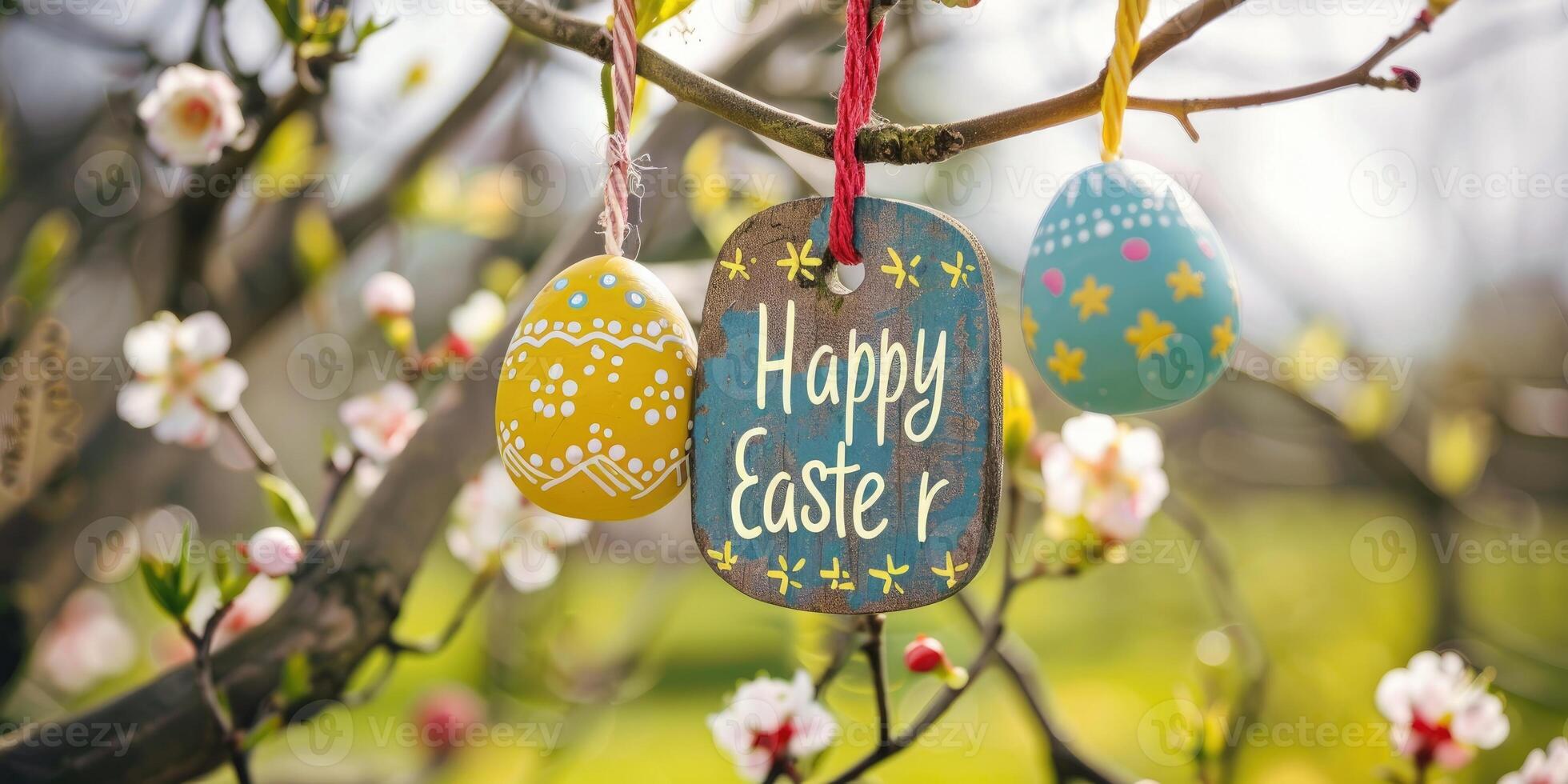 AI generated Colorful Easter eggs hanging on blooming tree branches outdoor in garden. photo