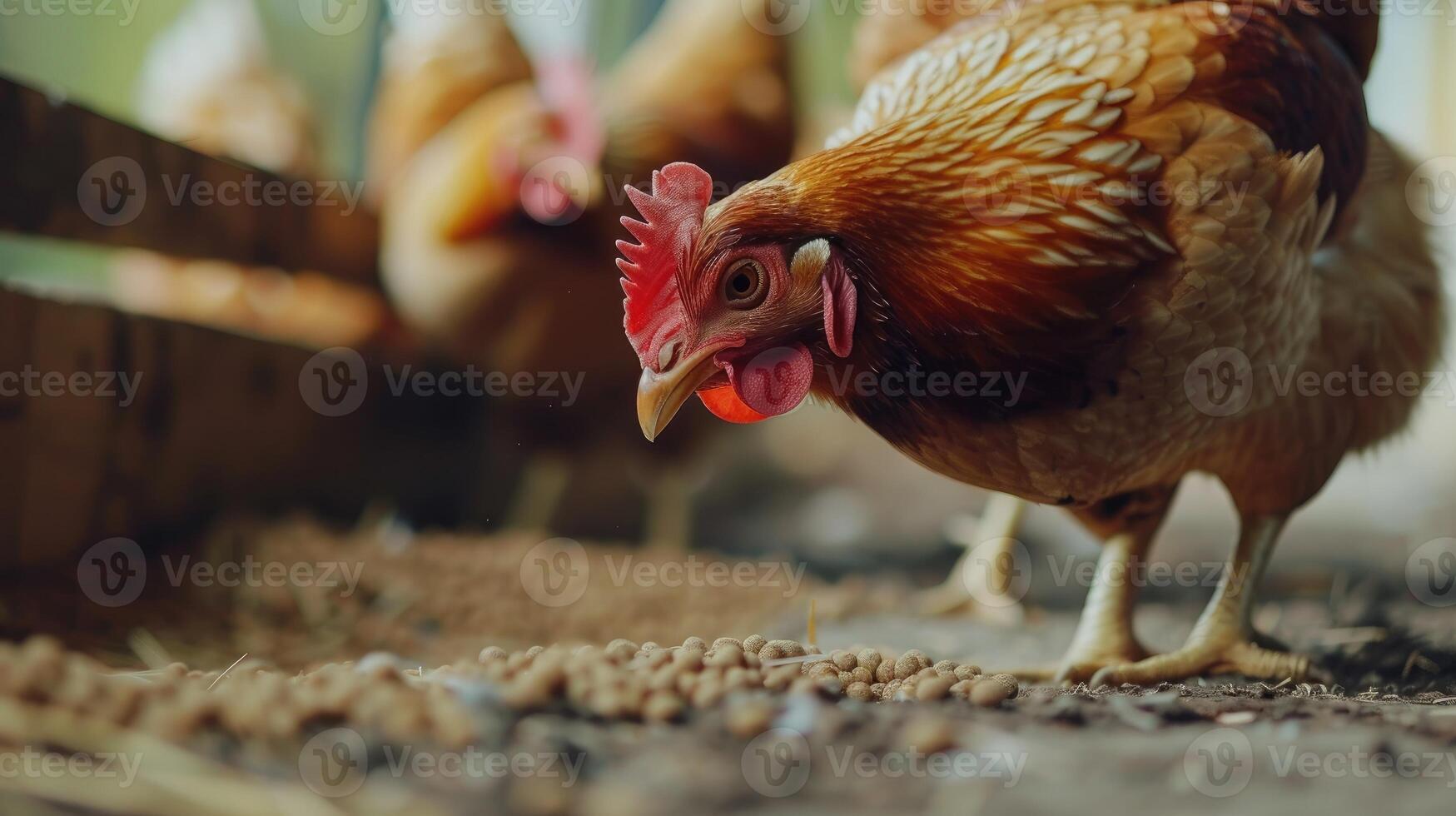 AI generated Chicken eats feed and grain at eco chicken farm, free range chicken farm. photo