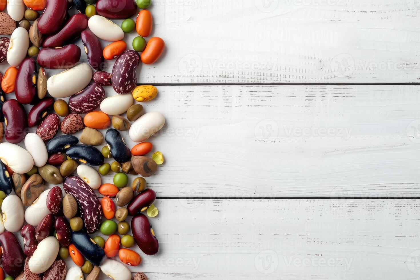 AI generated Mixed dry beans on white wooden board from above. Space for text. photo