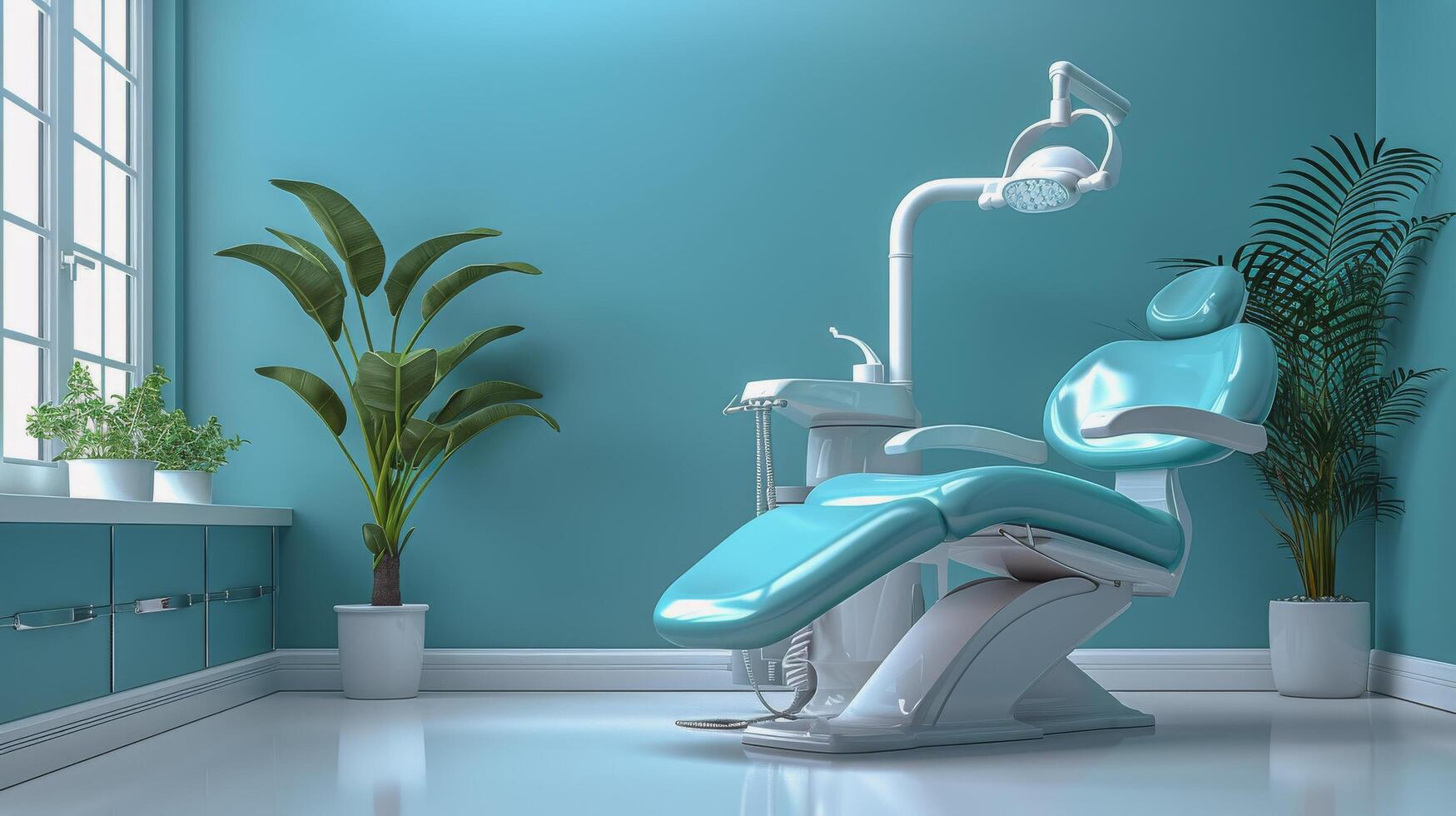 AI generated Blue and White Dentists Chair in a Blue Room photo