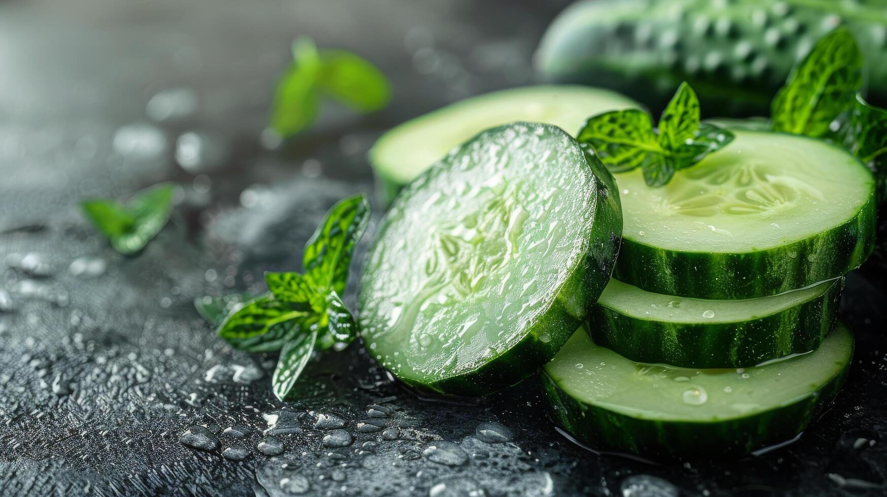 AI generated Sliced Cucumbers and Mints on Green Surface photo