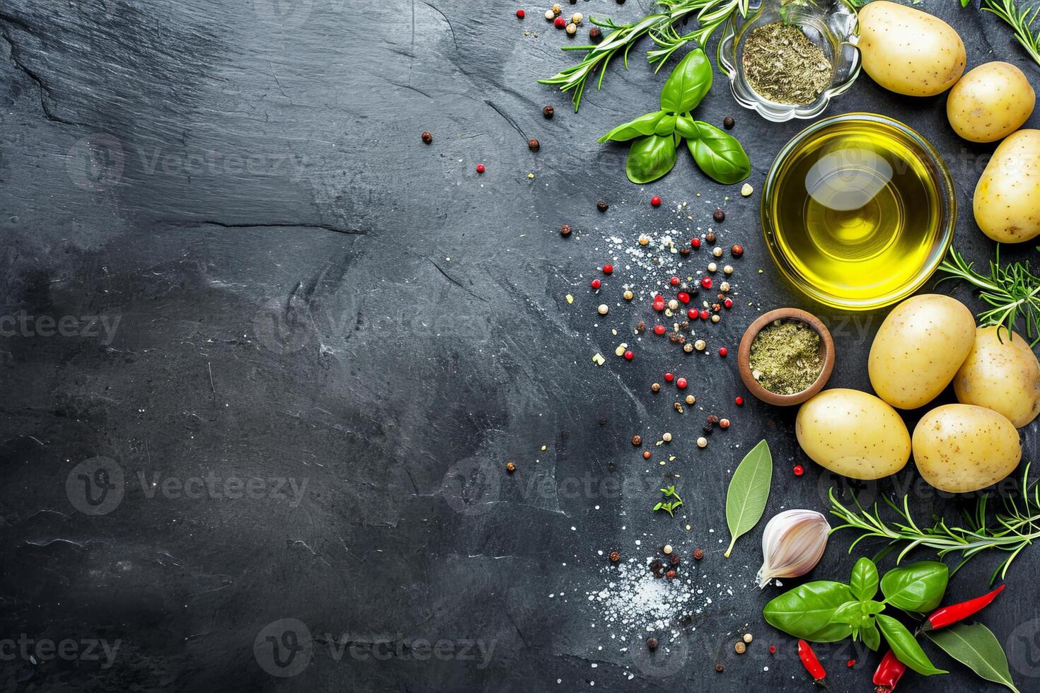 AI generated Food background. Top view of olive oil, potatoes, herbs and spices on rustic black slate. photo