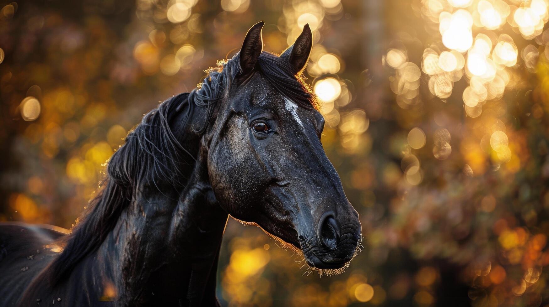 ai generado negro caballo en pie en frente de bosque foto