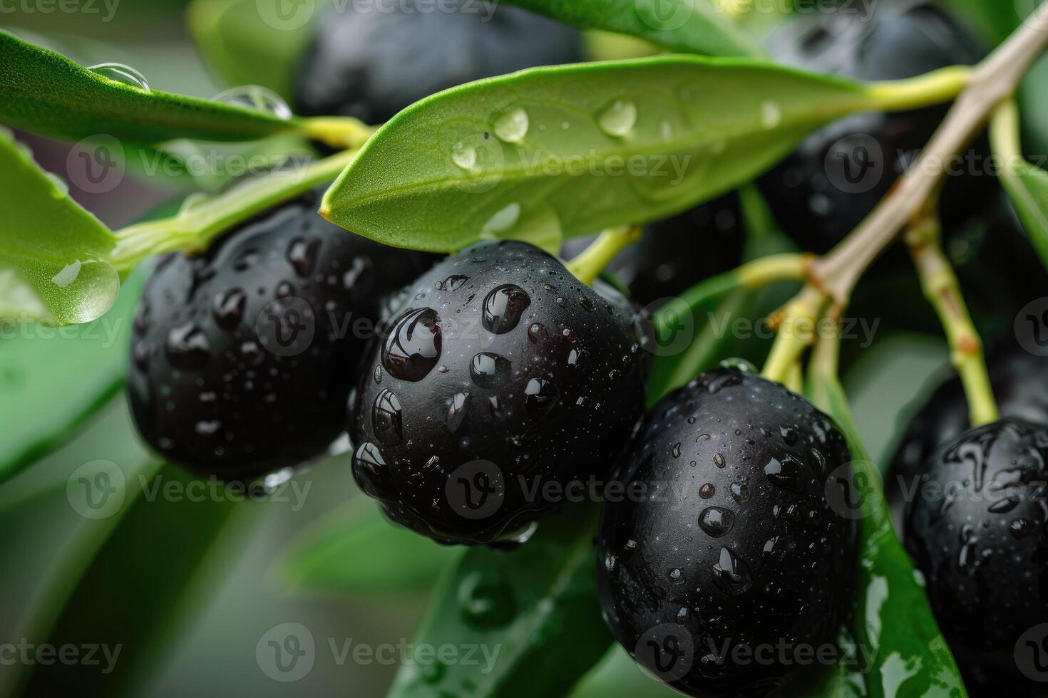 AI generated Ripe black olives on the tree with green leaves and water drops, close up view. photo