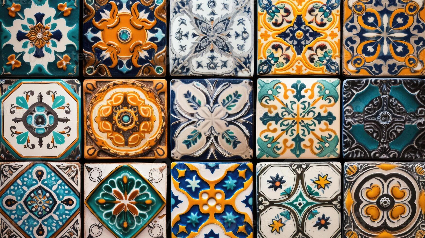 AI generated Beautiful colourful handmade ceramic tile with various ornament. photo