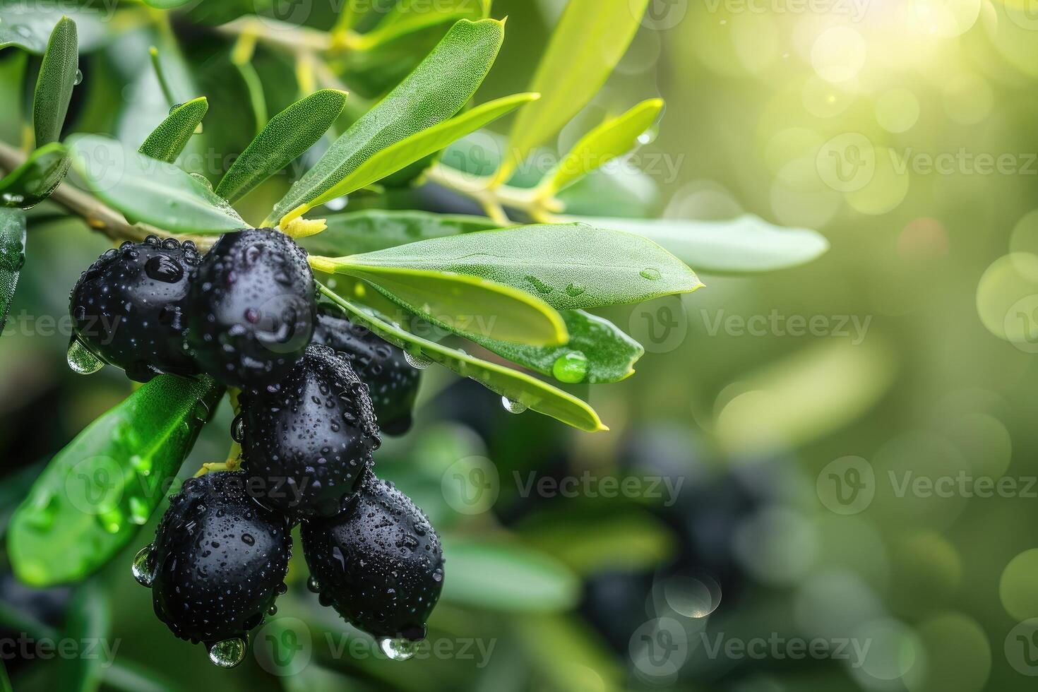 AI generated Ripe black olives on the tree with green leaves and water drops, close up view. photo