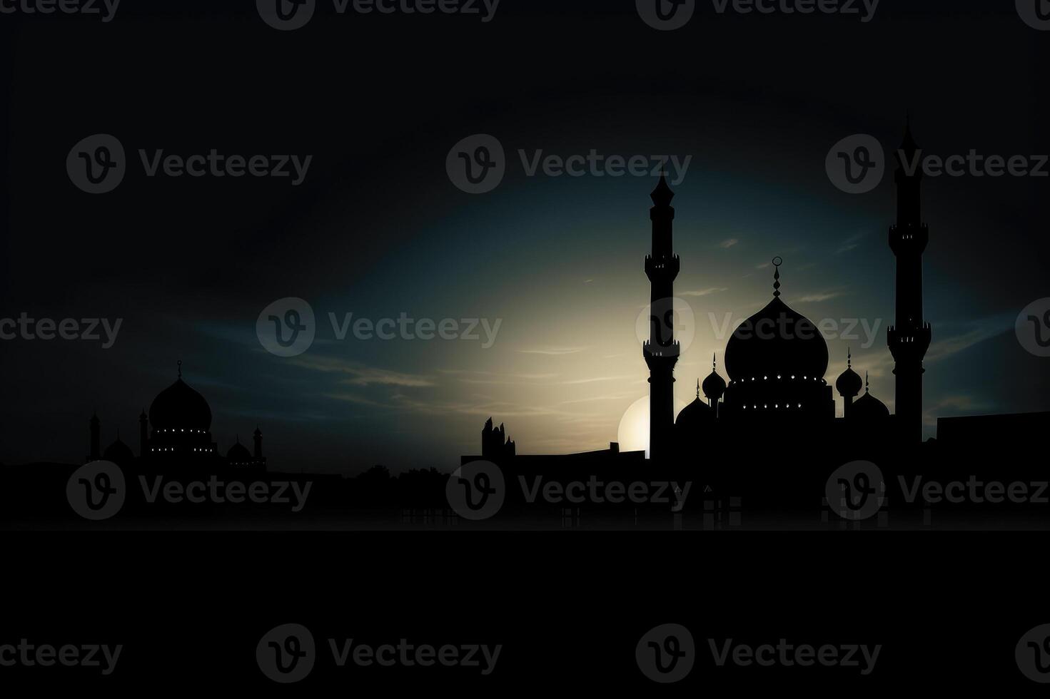 AI generated Ramadan Kareem background. Mosque silhouette background, Islamic design greeting card photo
