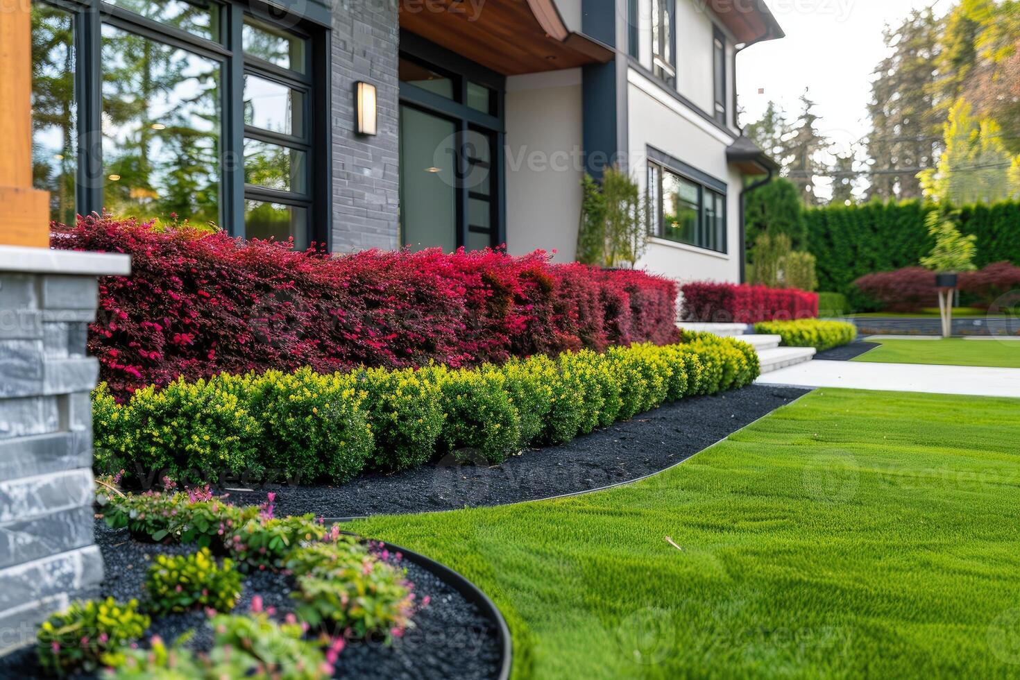 ai generado frente patio trasero, paisaje diseño con multicolor arbustos intersectando con brillante verde céspedes detrás el casa es un moderno foto