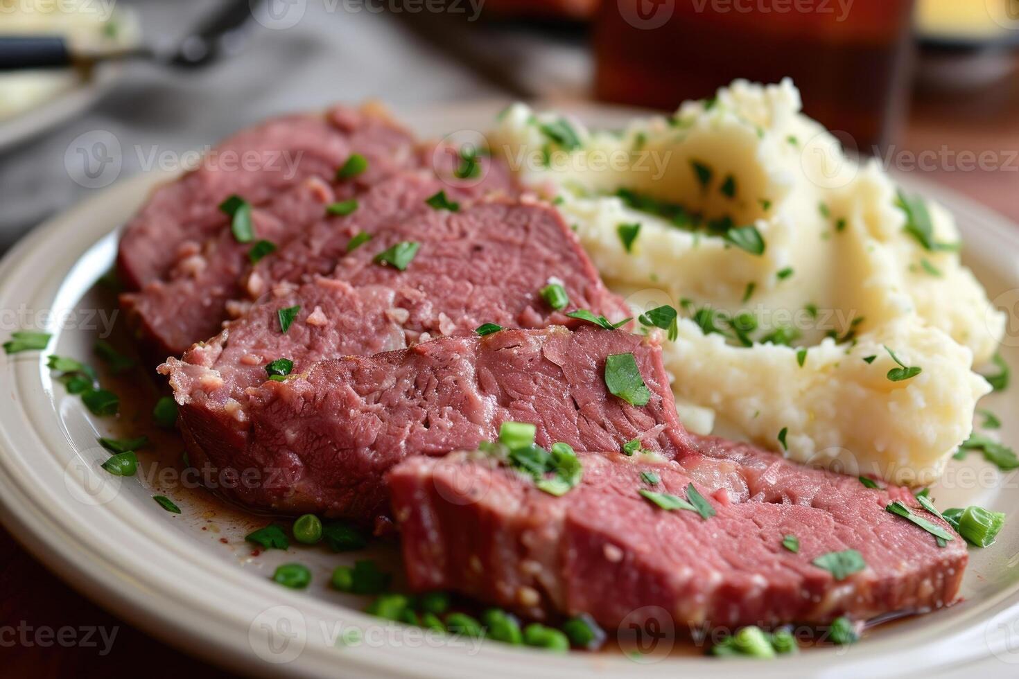 AI generated Corned beef is served with mashed potatoes. photo