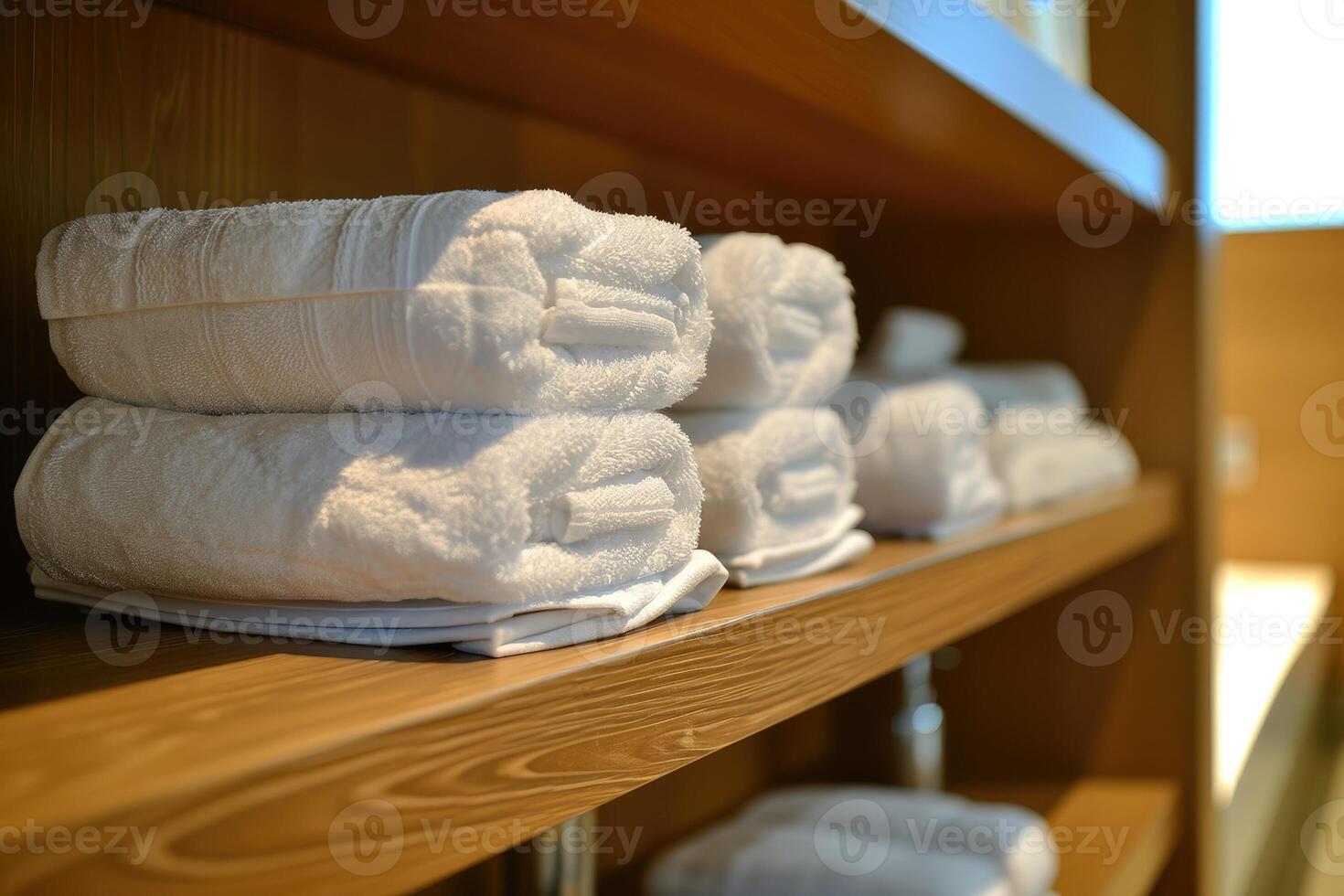 AI generated Shelf with towels at hotel spa. photo