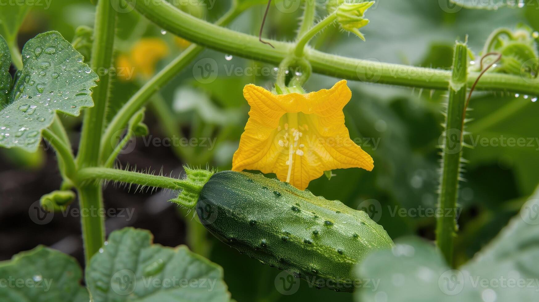 AI generated Young plant cucumber with yellow flowers. Juicy fresh cucumber close-up macro on a background of leaves. photo