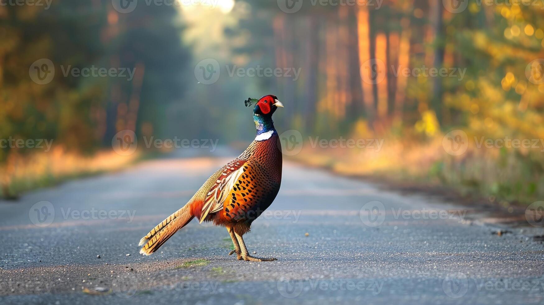 AI generated Pheasant standing on the road near forest at early morning or evening time. Road hazards, wildlife and transport. photo