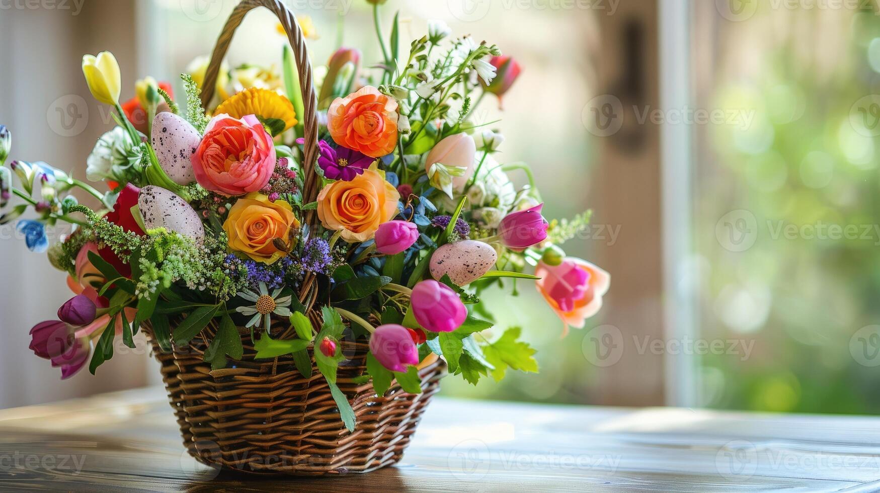AI generated An Easter flower arrangement bouquet in a basket with Easter eggs stands on the festive dining table on Easter morning. photo