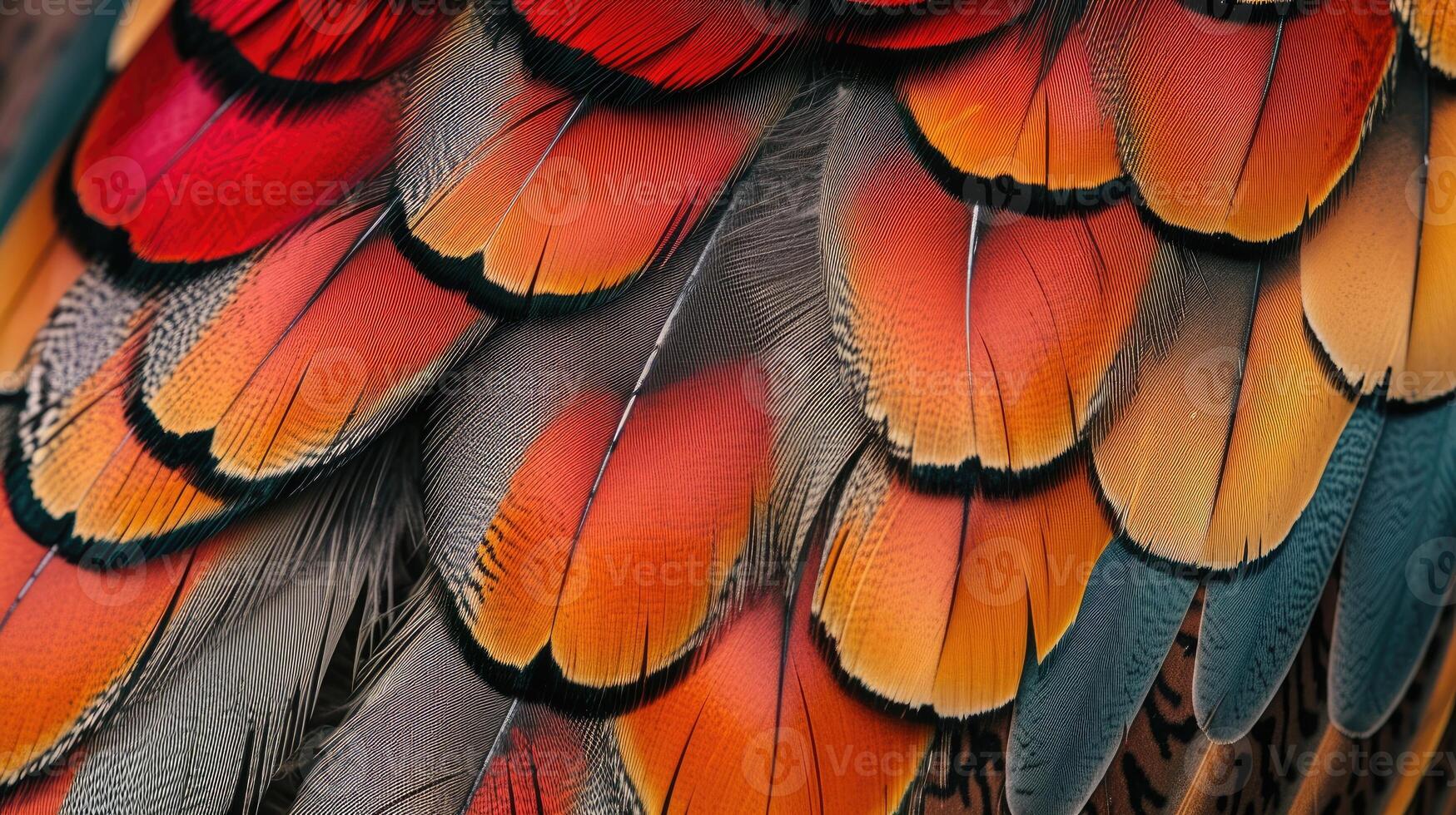 AI generated Closeup abstract background image of colorful ring-necked pheasant feathers. photo