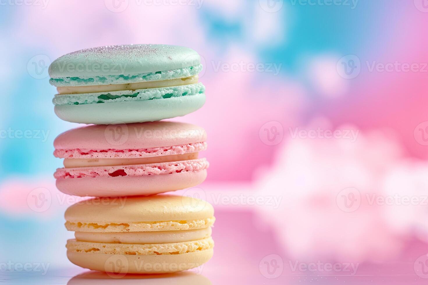 AI generated Colorful macarons cakes on pastel background photo