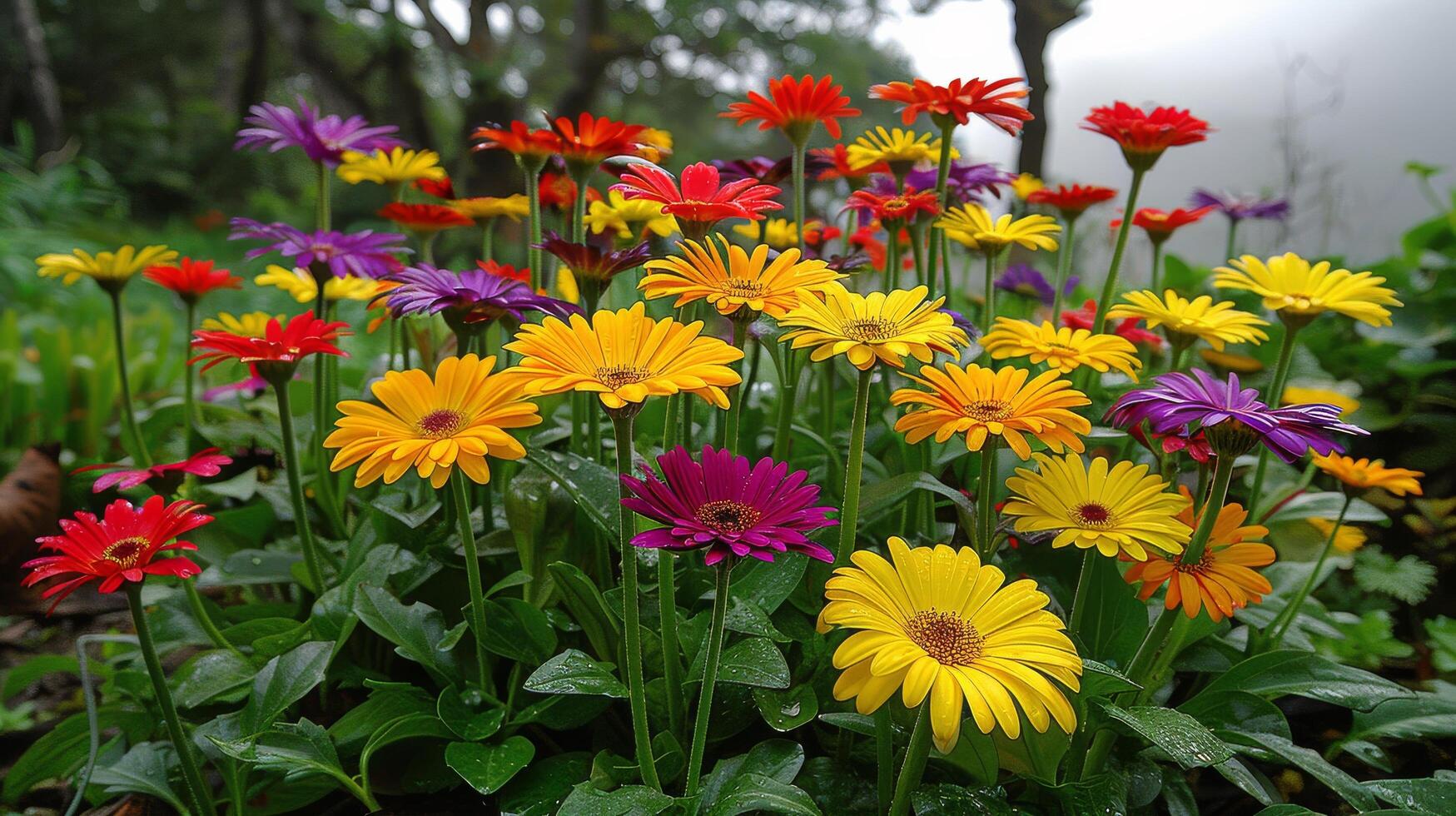 AI generated Three Orange and Yellow Flowers on Blue Background photo