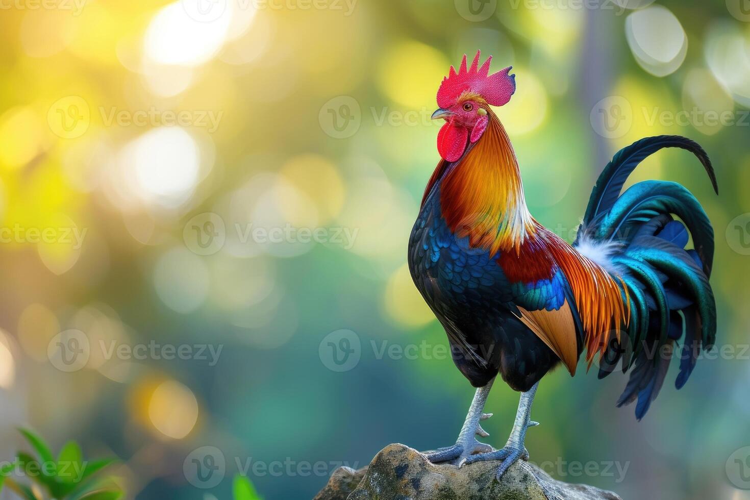 AI generated Beautiful rooster on nature background. photo