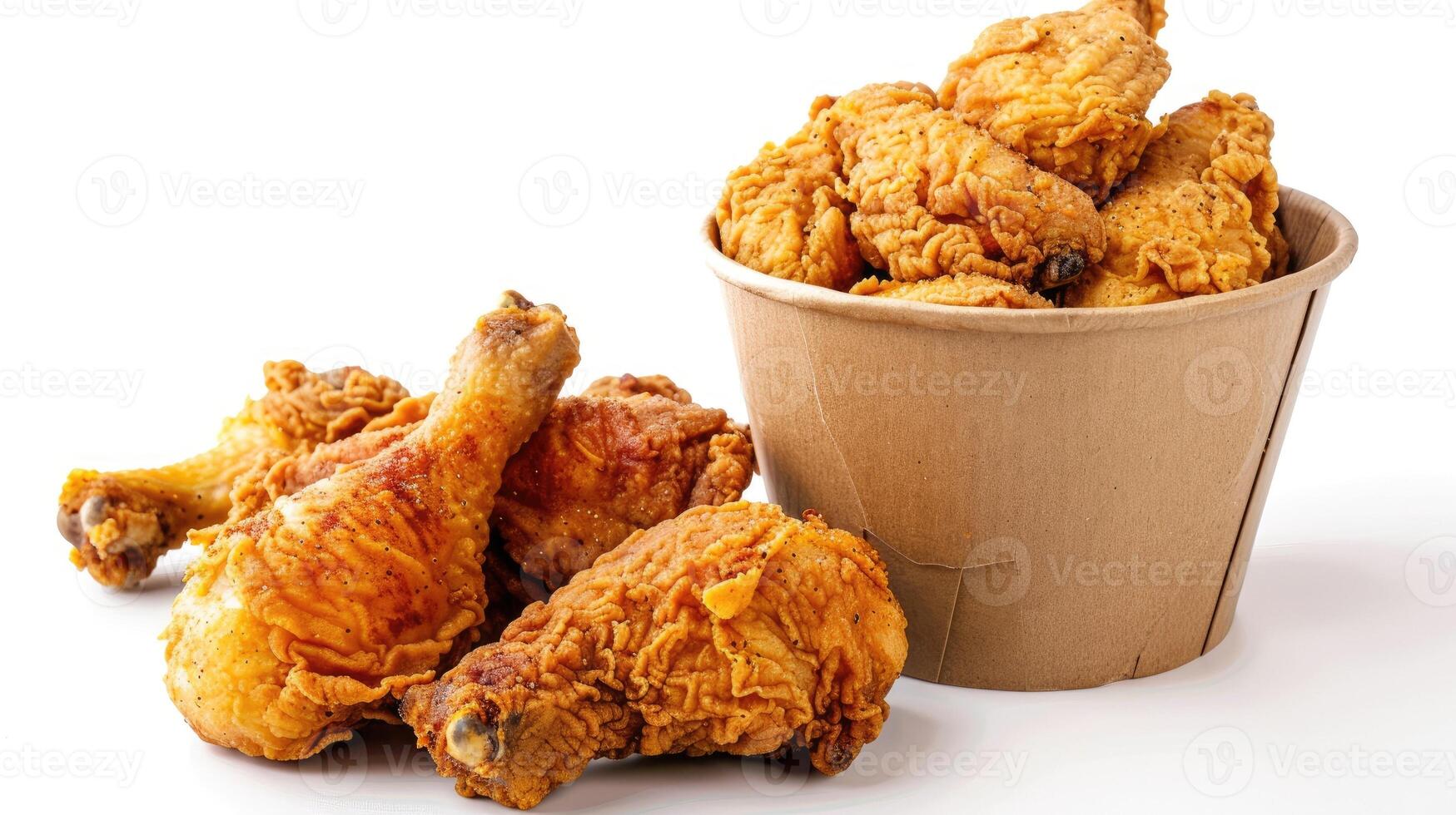 AI generated Collection of golden brown and crispy roasted Fried chicken served on a brown paper bucket isoalted on white background. photo