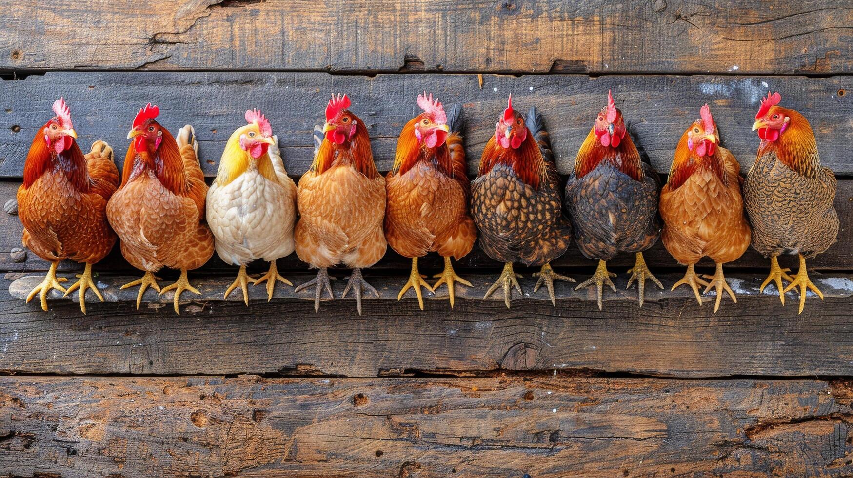 ai generado fila de pollos en pie juntos foto