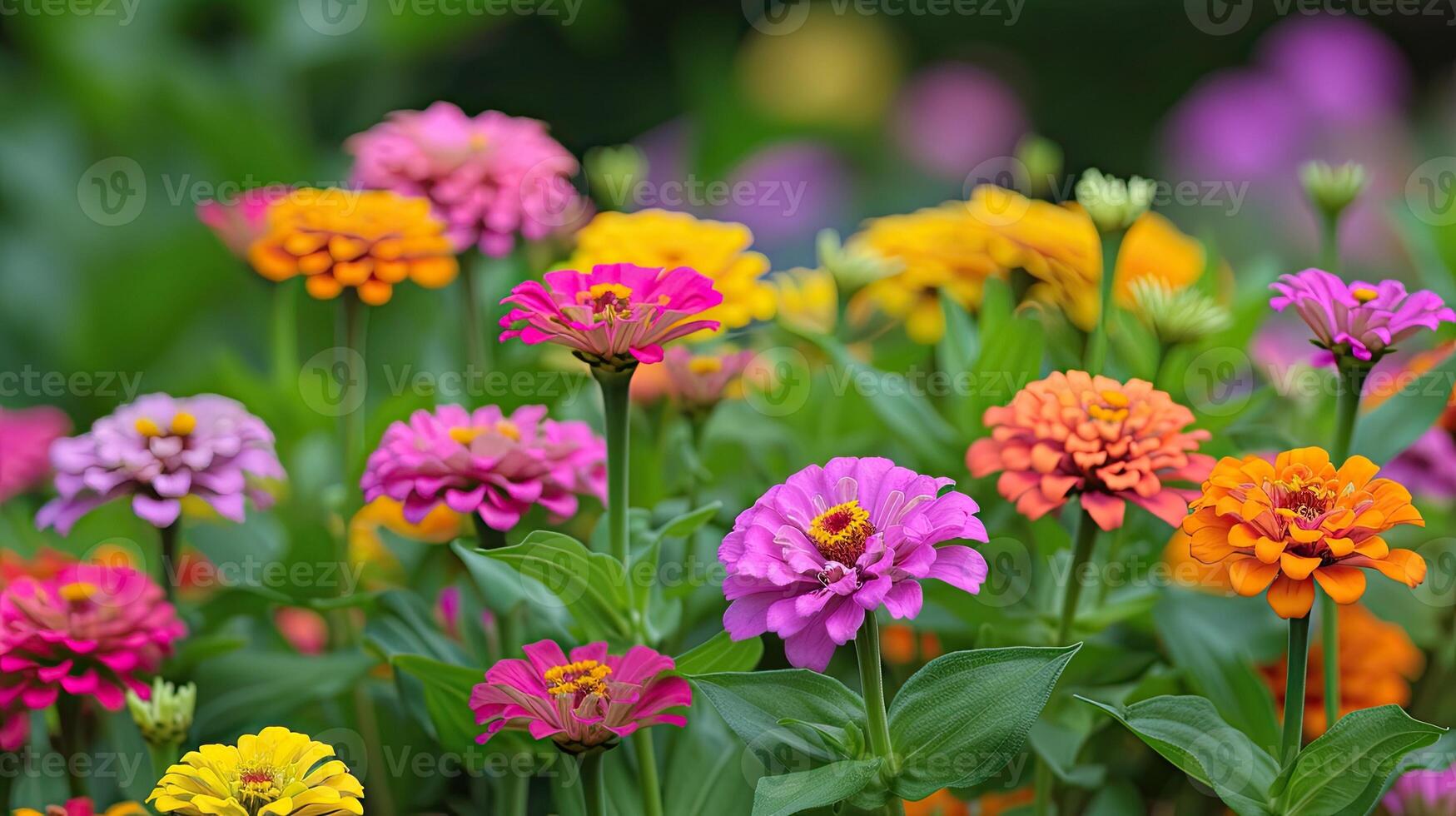 AI generated In a flower bed in a large number various zinnias grow and blossom. photo