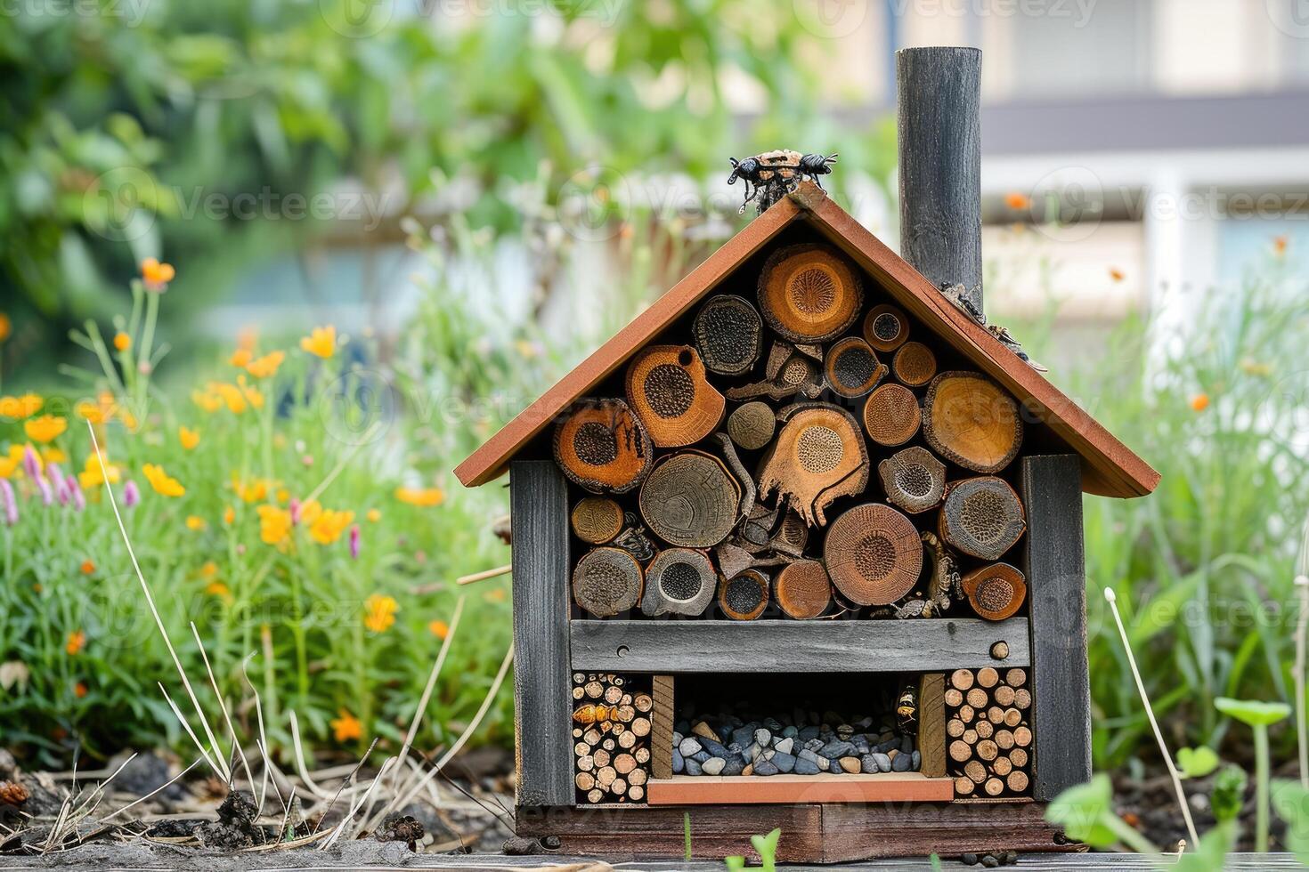 AI generated Wooden garden insect home in garden photo