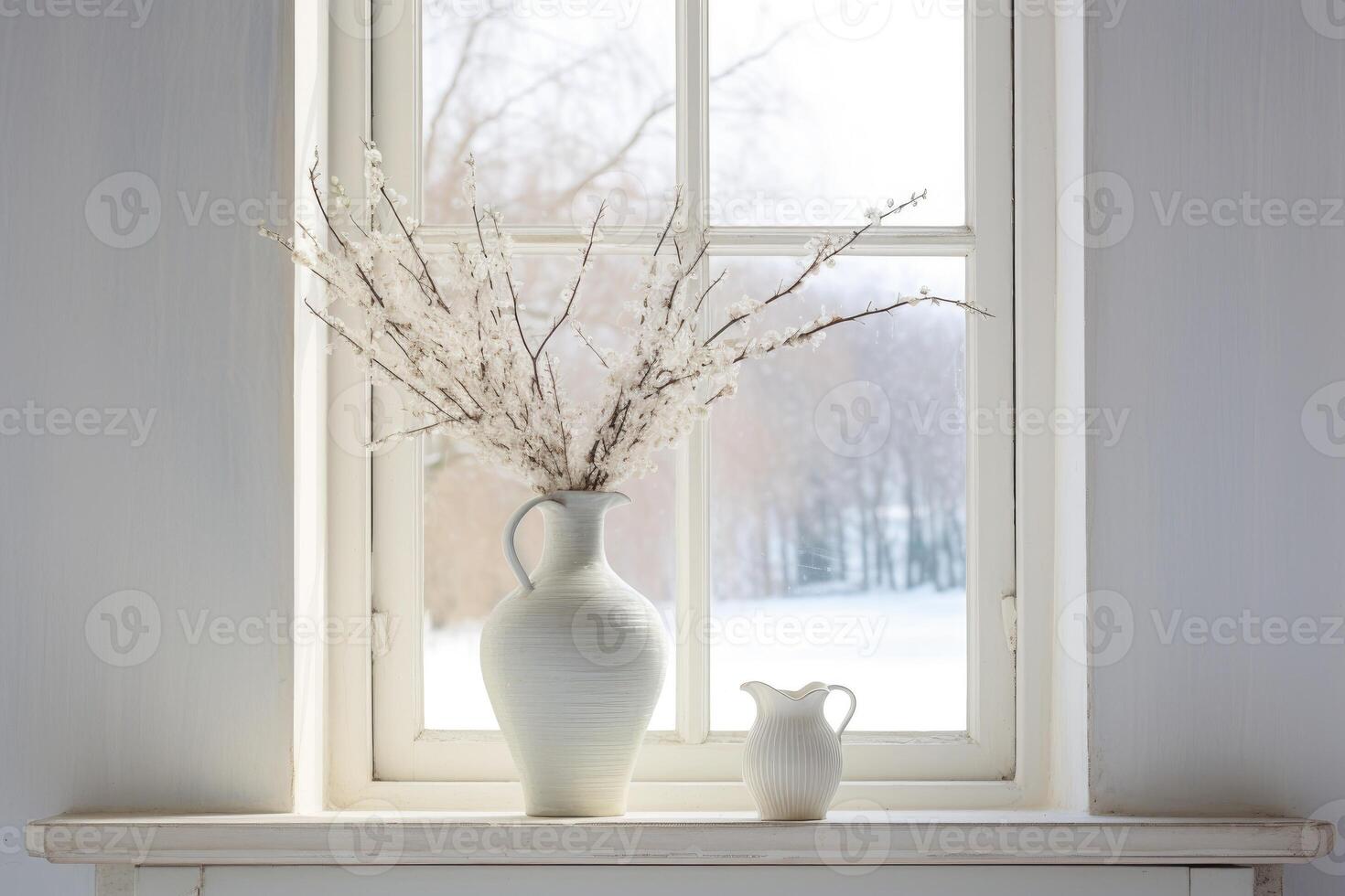 AI generated A delicate vase adorns a tall white window, resting on a white wooden table. photo