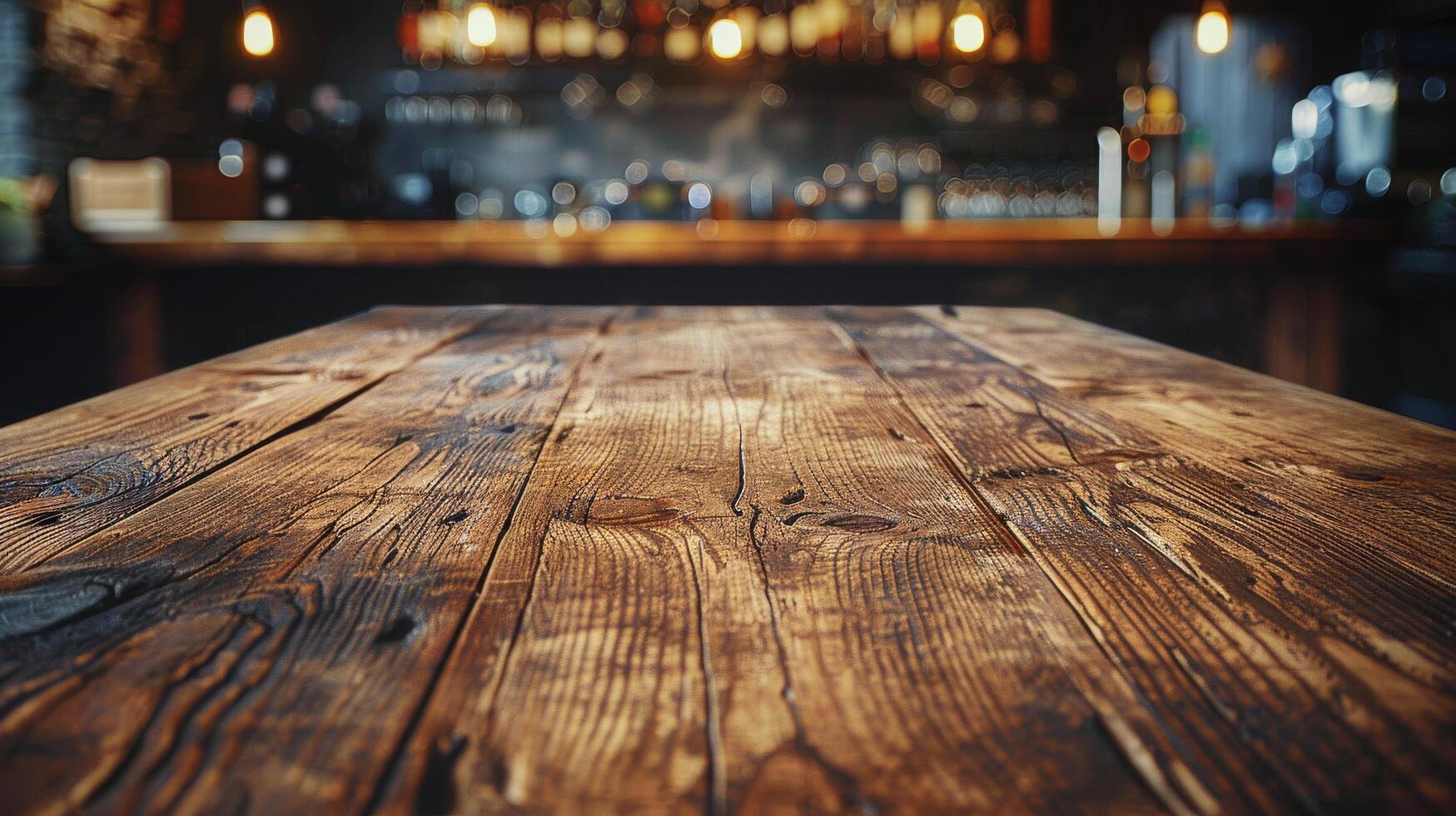 AI generated Wooden Table Top in Front of Bar photo