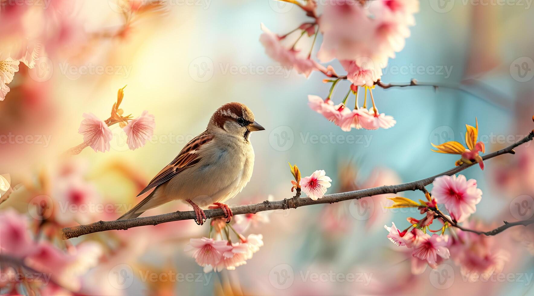 AI generated Little bird sitting on branch of blossom cherry tree. Spring time. photo